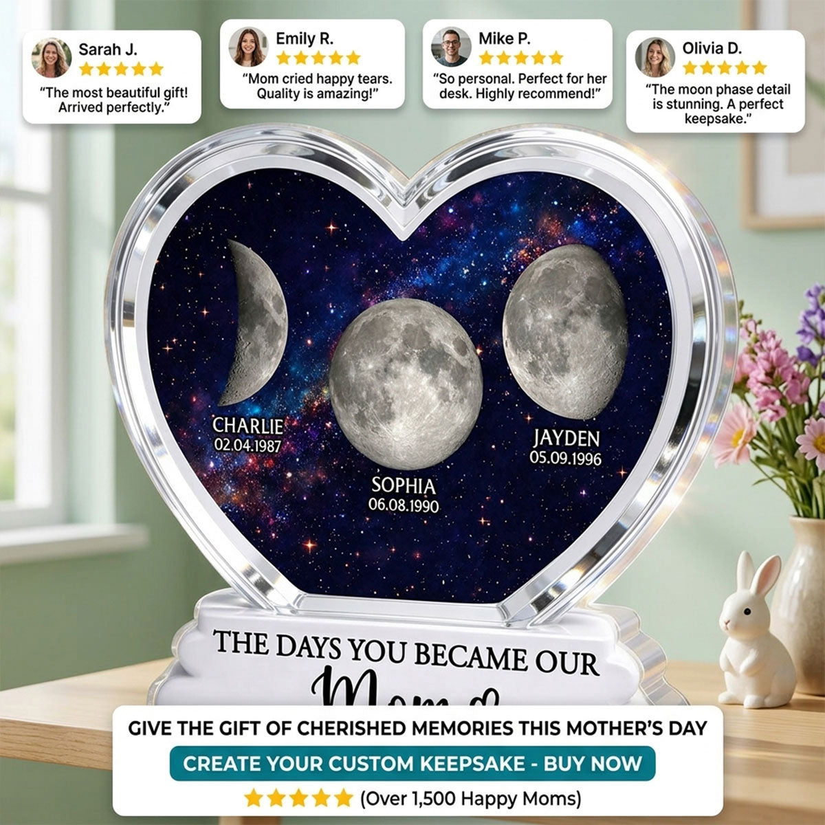 The Days You Became Our Mom Grandma Custom Birth Moon Phase 2D Flat - Personalized Acrylic Block Plaque - Mother's Day Gift For Mom, Grandma