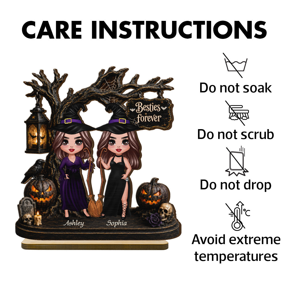 Witch Besties Spooky Halloween Tree 2D Flat - Personalized 2-Layer Wooden Plaque - Tabletop Tier Tray Wicca Pagan Decor