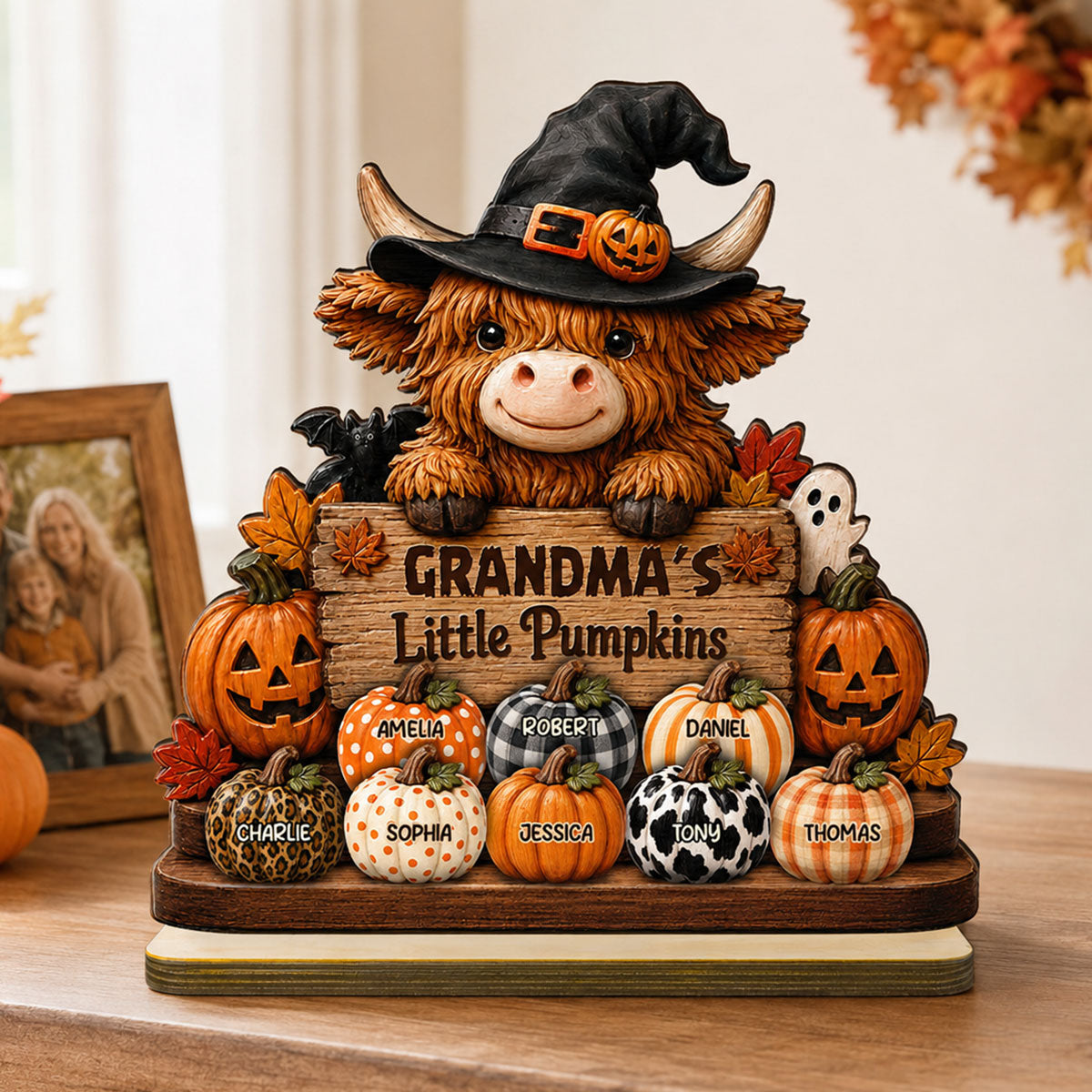 Highland Cow Grandma's Little Pumpkins - Personalized 2-Layered Wooden Plaque - Fall Decor For Grandma