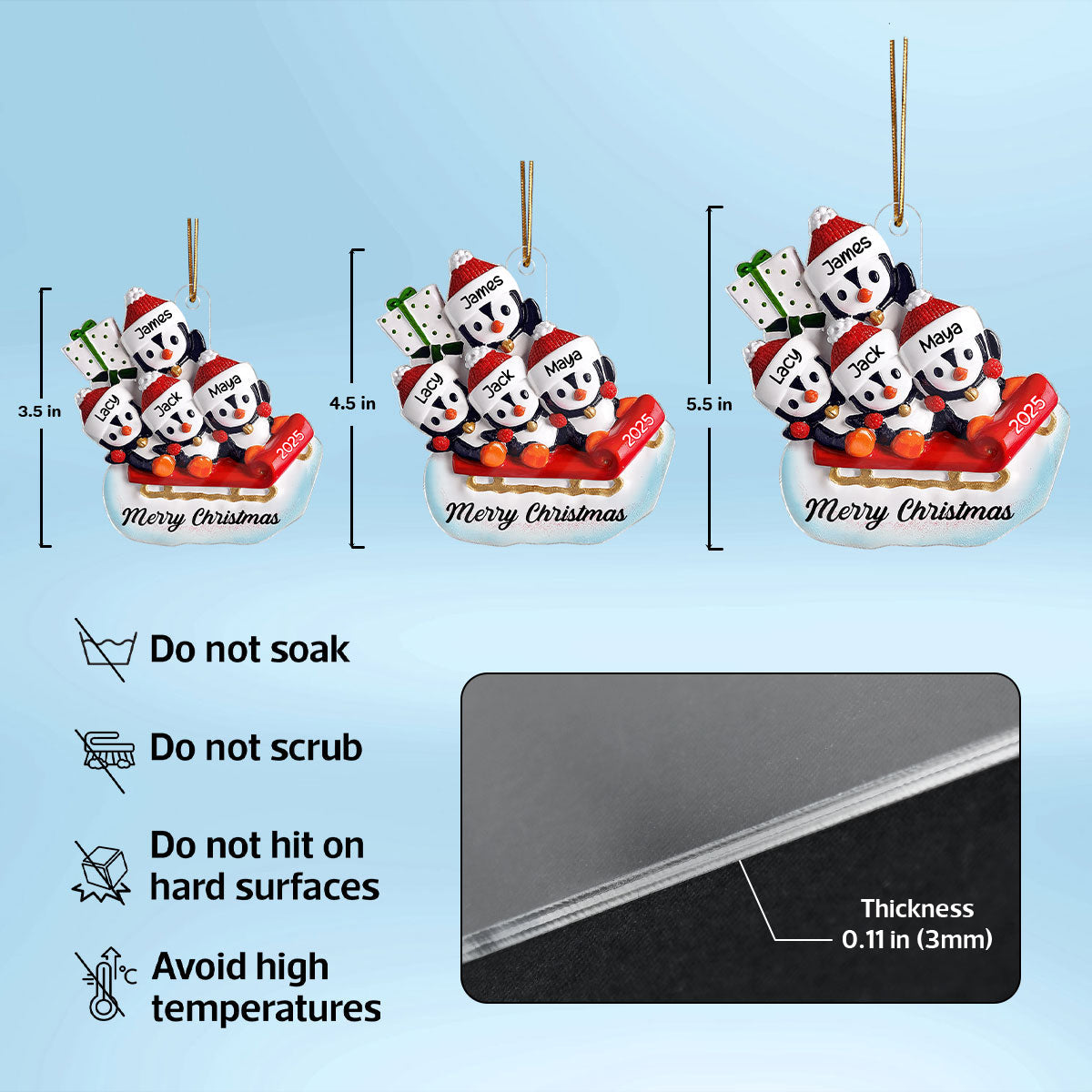 3D Effect Penguin Family On Sled - Personalized Acrylic Ornament