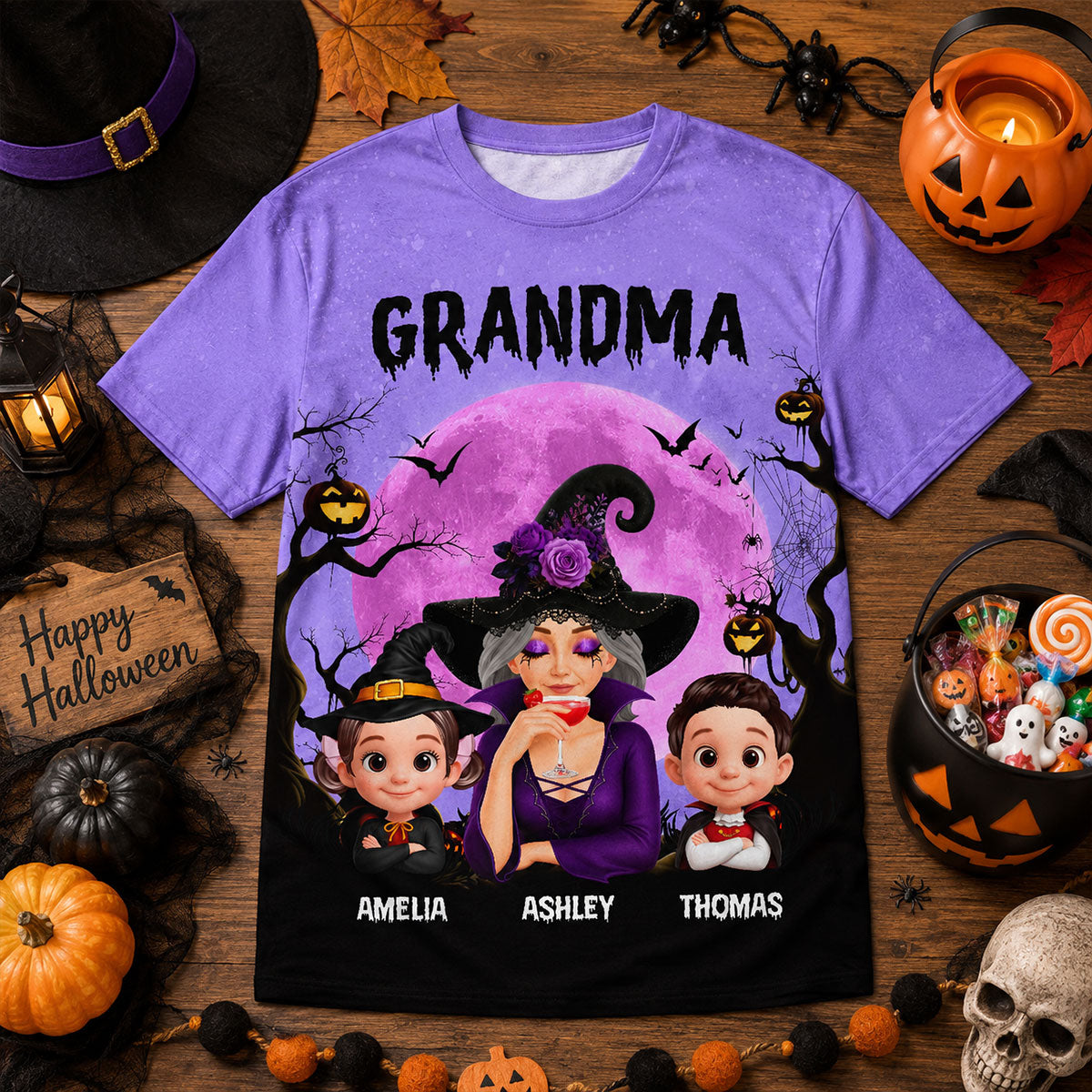 Halloween Theme Grandma Witch Grandkids - Personalized Shirt - Halloween Gift For Grandma