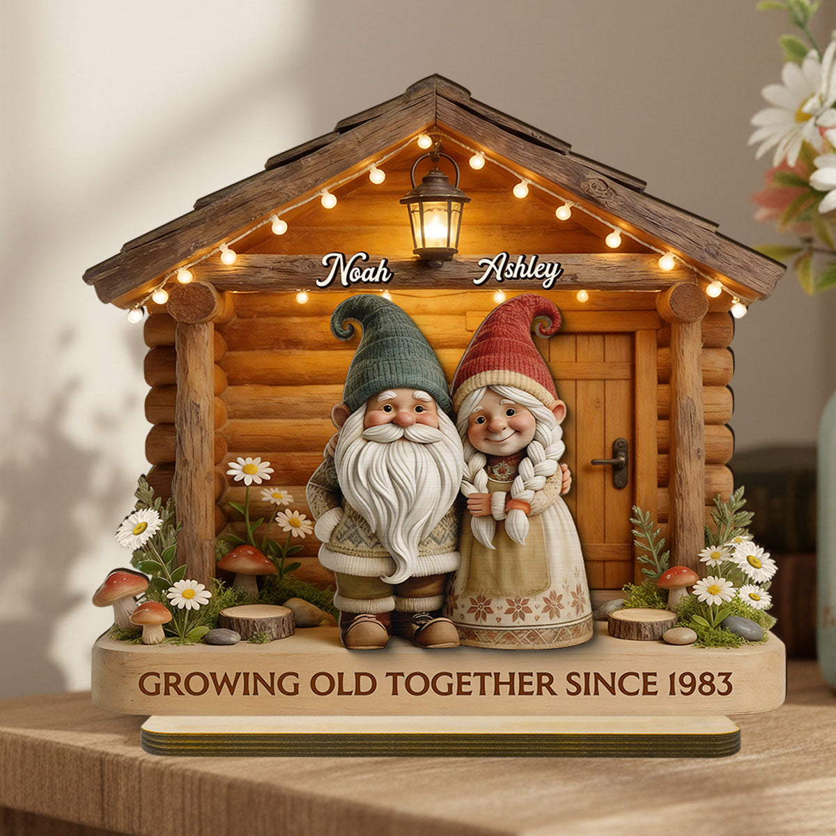 Eternal Love Gnome Couple At Wooden Cabin - Personalized 2-Layered Wooden Plaque - Heartfelt Gift For Couple