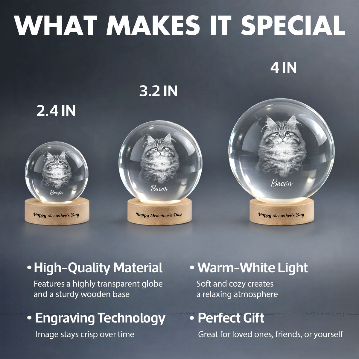 Happy Meowther's Day - Personalized Crystal Ball LED Night Light - Mother's Day Gift for Cat Mom, Wife