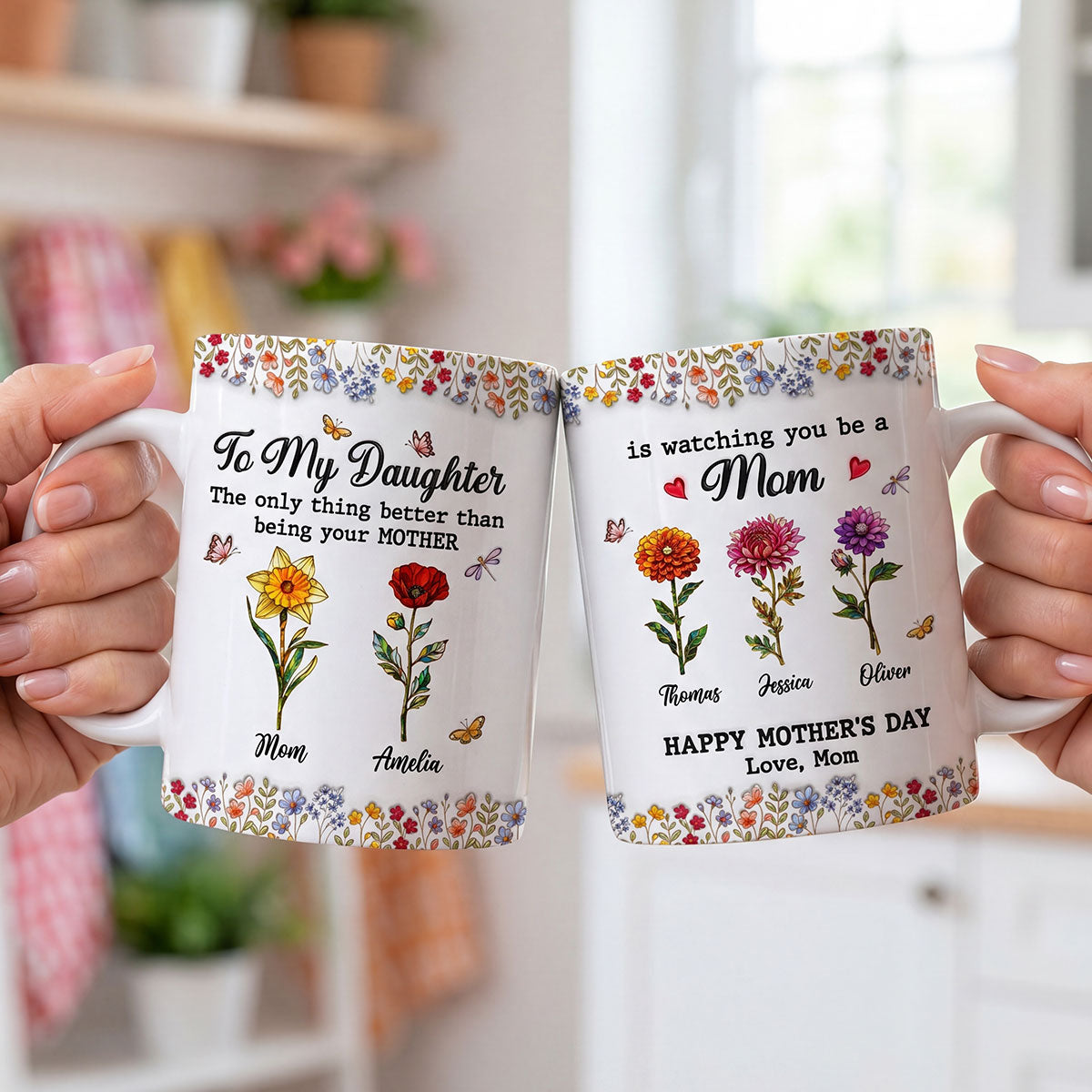 To My Daughter Mom And Daughter Custom Birth Month Flowers Kids Names - Personalized Mug - Mother's Day Gift For Daughter