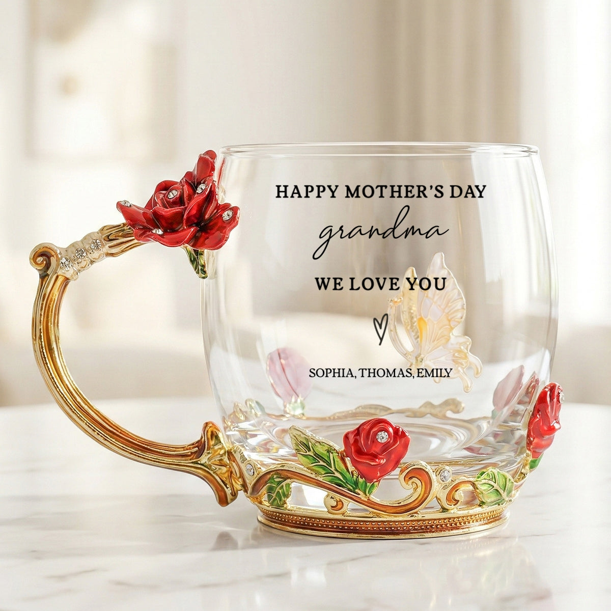 Good Morning Happy Mother's Day Grandma Mom - Personalized Enamel Flower Tea Cup - Gift For Grandma, Mom