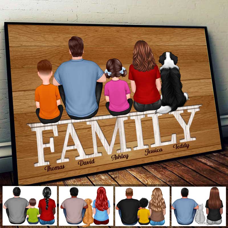 Family Couple Dad Mom Kids Dogs Cats Sitting On Words Personalized Horizontal Poster