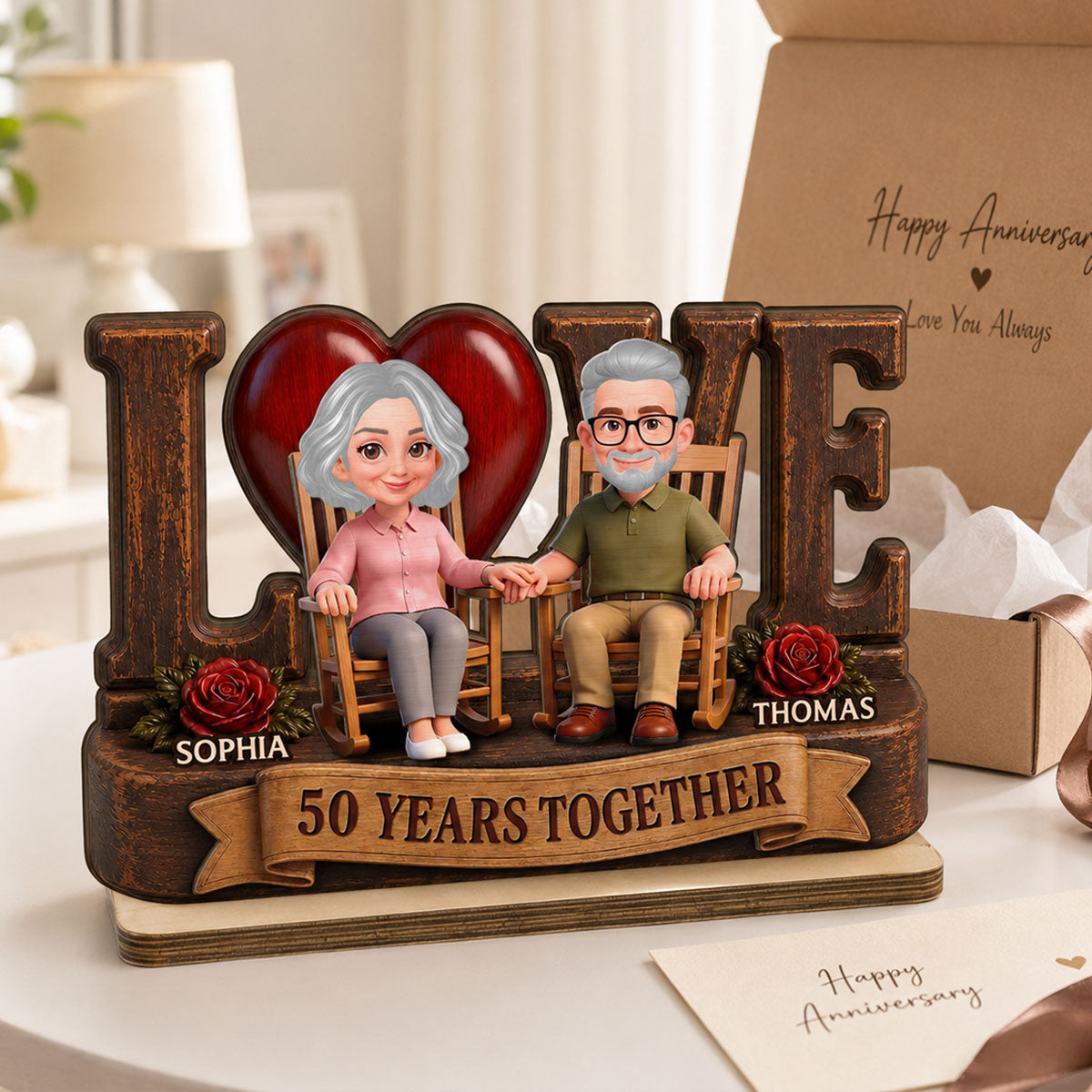 Love Old Couple Anniversary Gift - Personalized 2-Layered Wooden Plaque - Wedding Year Decor