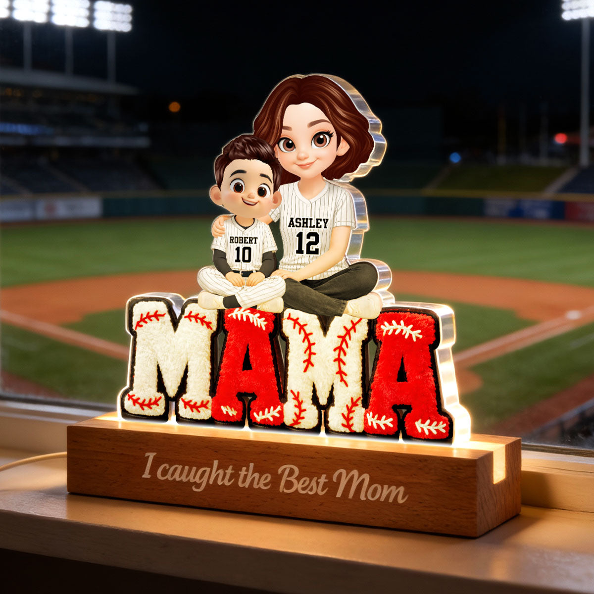 Mama Baseball And Kids - Personalized Acrylic Block LED Night Light - Heartfelt Gift For Mom, Grandma
