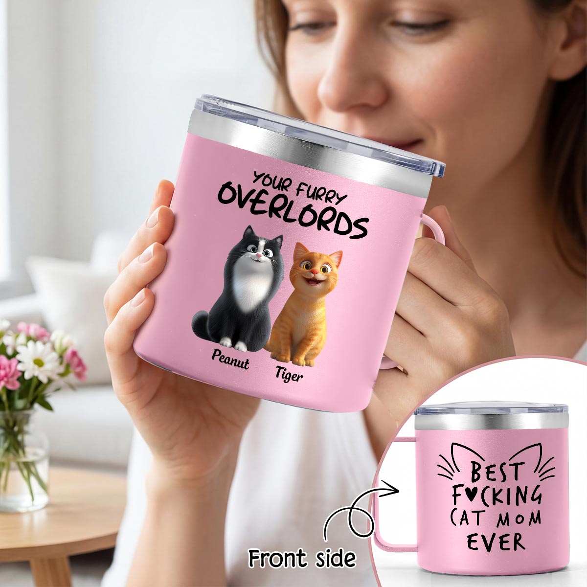 Best Fcking Cat Mom Ever Cartoon Cats - Personalized Stainless Steel Tumbler with Handle - Mother's Day Gift For Cat Lovers