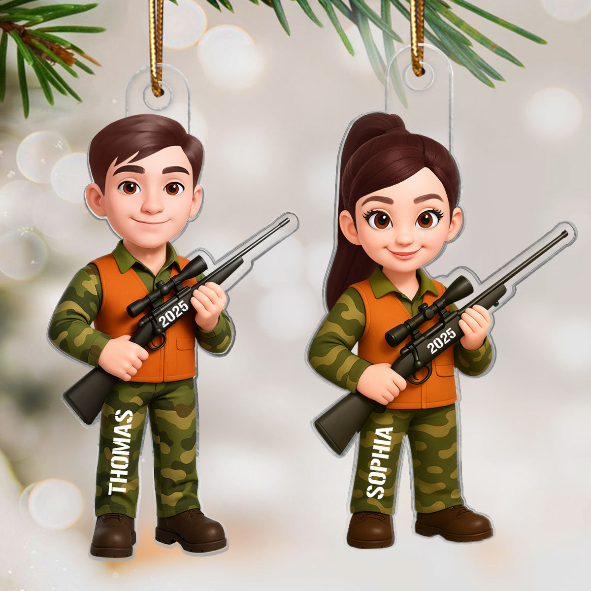 Christmas Boy Girl Hunting - Personalized Acrylic Ornament - Gift For Hunters, Hunting Lovers, Shooting Team, Grandson, Granddaughter