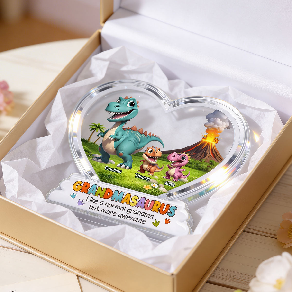 Grandmasaurus And Kids Cartoon Dinosaurs - Personalized Acrylic Block Plaque - Mother's Day Gift For Grandma