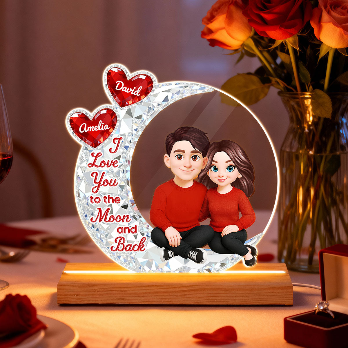 Eternal Love Couple Sitting On Moon - Personalized Plaque LED Night Light - Heartfelt Gift For Couple, Gift For Him, For Her