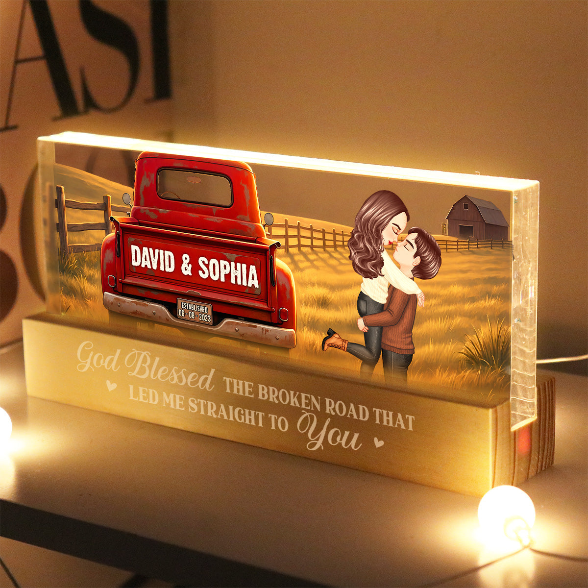 Rustic Nostalgia Red Truck Couple Hugging Kissing Farmhouse Decor - Personalized Acrylic Block LED Night Light - Heartfelt Valentine, Anniversary Gift For Him, For Her