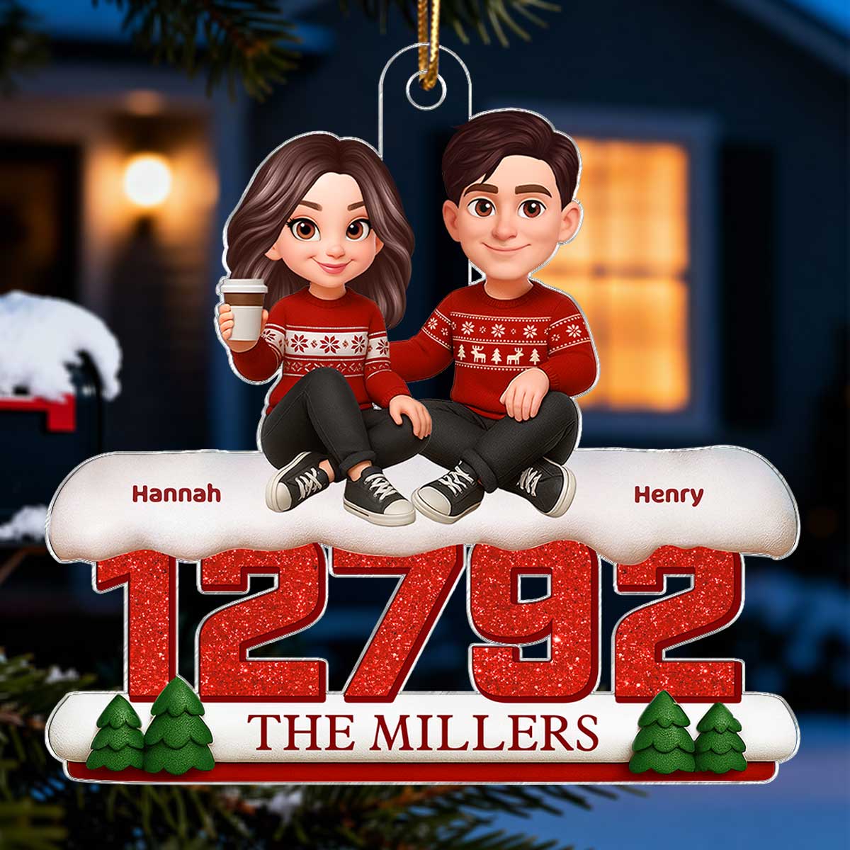 3D Effect Cartoon Family Sitting On Snow Zip Code - Personalized Acrylic Ornament
