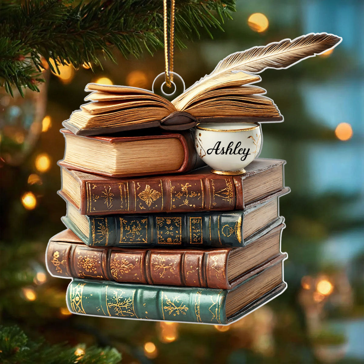 3D Effect Vintage Book Stack Light Bauble - Personalized Acrylic Ornament - Unique Christmas Gift For Book Lovers