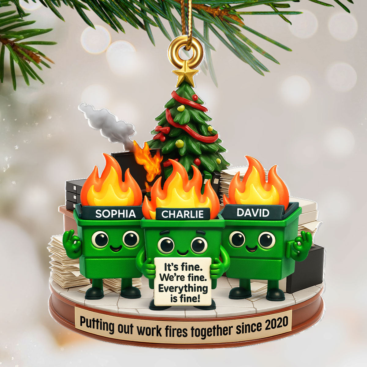 Funny Dumpster Fire Office Chaos Background - Personalized Acrylic Ornament - Funny Christmas Gift, White Elephant Gift for Coworkers