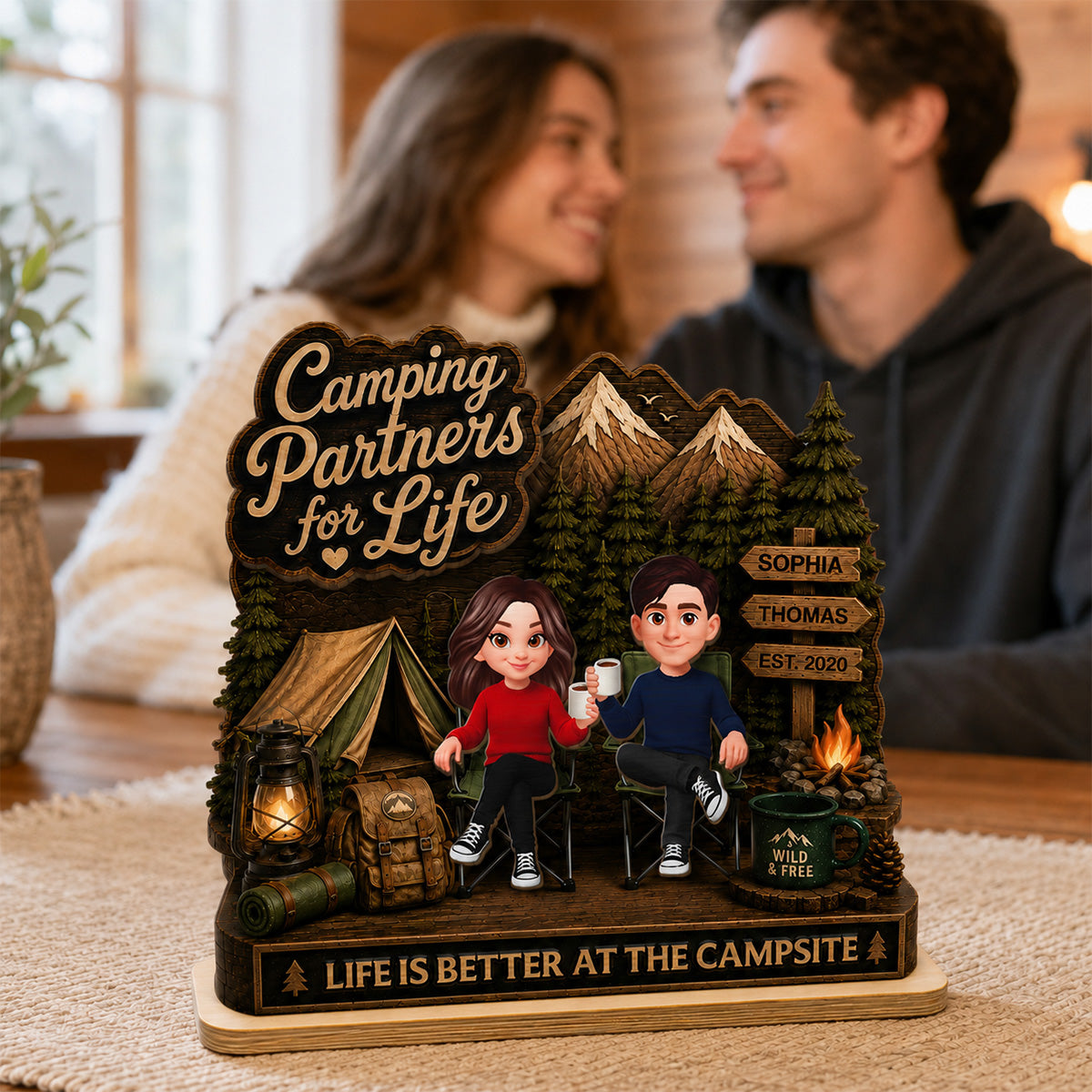 Camping Partners For Life 2D Flat - Personalized 2-Layered Wooden Plaque