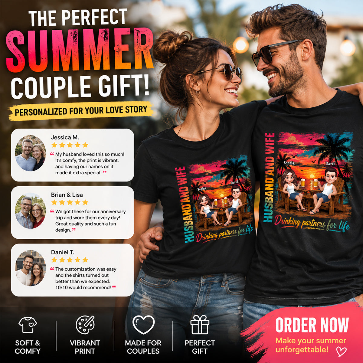 Husband and Wife Drinking Partners for Life - Personalized Shirt - Summer Matching Shirts for Couples
