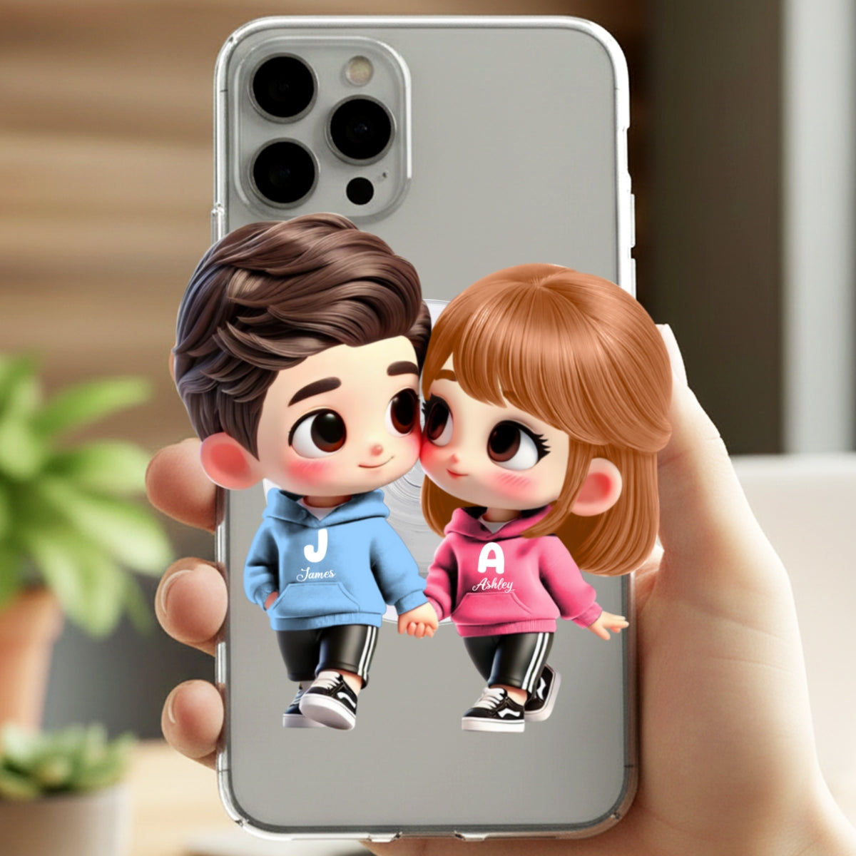 3D Effect Cute Cartoon Couple Holding Hands - Personalized Acrylic Magnetic Phone Grip - Matching Phone Grips for Couples