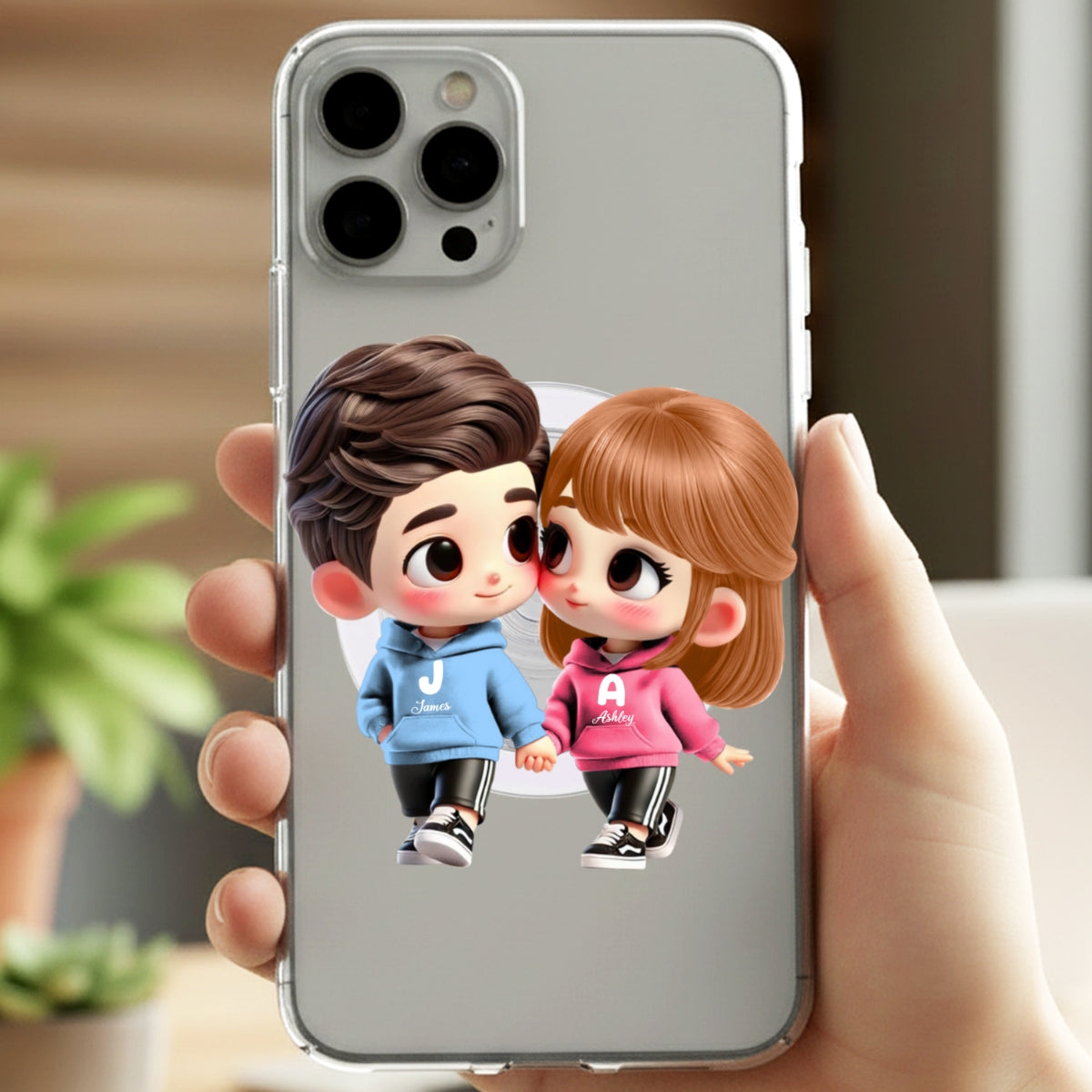 3D Effect Cute Cartoon Couple Holding Hands - Personalized Acrylic Magnetic Phone Grip - Matching Phone Grips for Couples