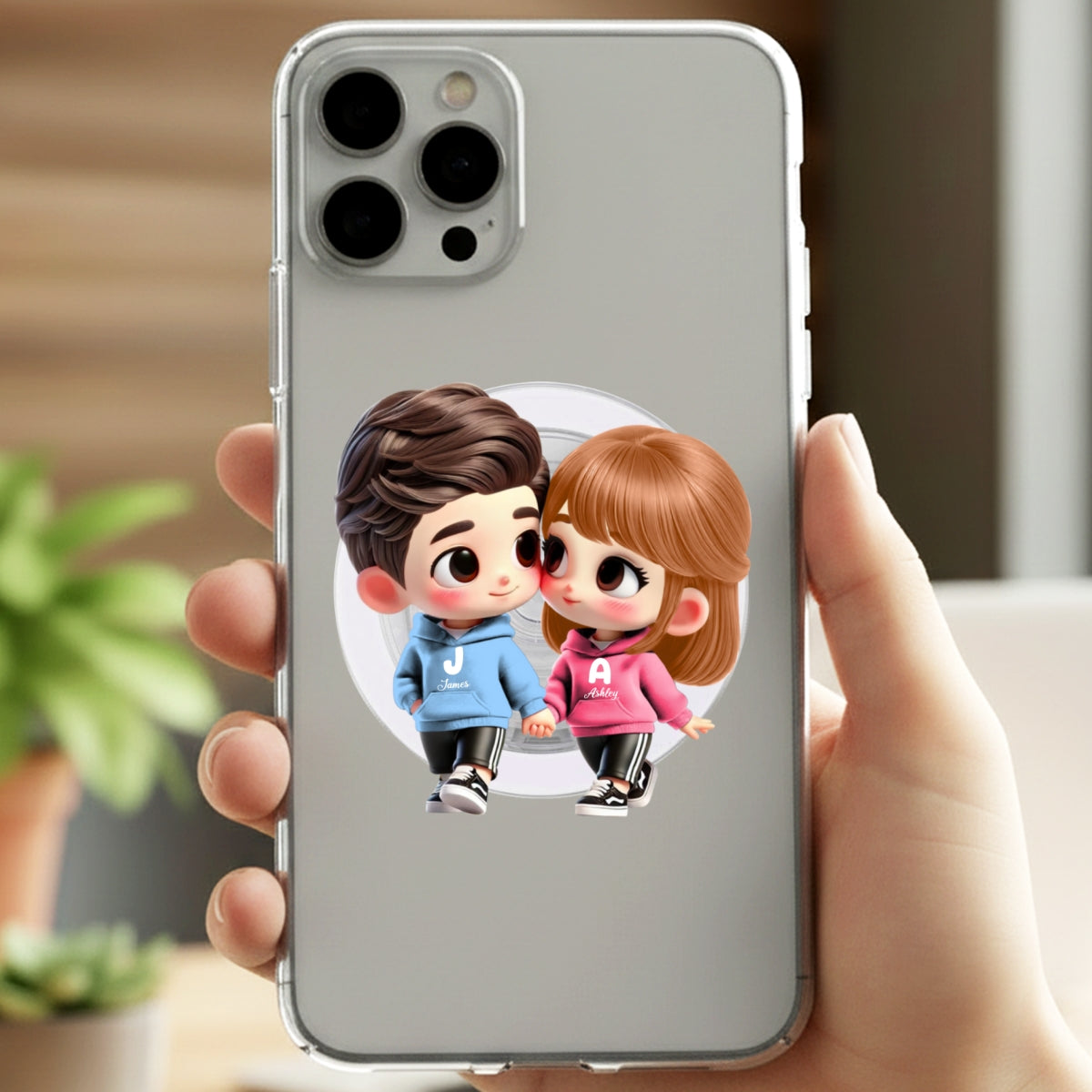 3D Effect Cute Cartoon Couple Holding Hands - Personalized Acrylic Magnetic Phone Grip - Matching Phone Grips for Couples