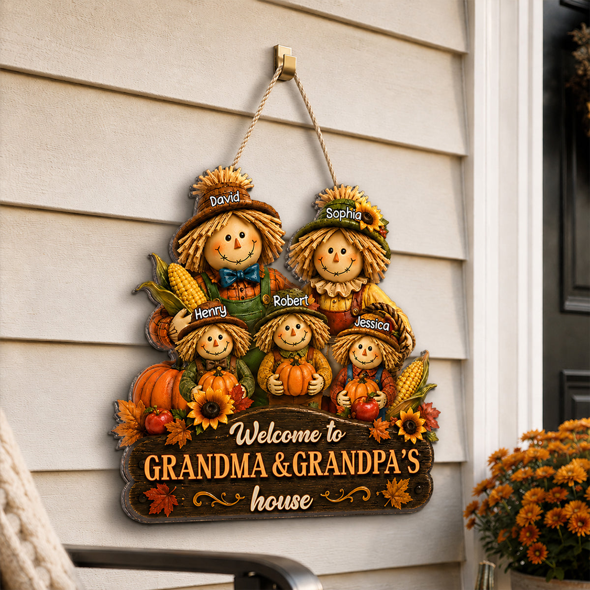 Welcome to Grandma Grandpa's House Scarecrow - Personalized Door Hanger - Fall Thanksgiving Decor