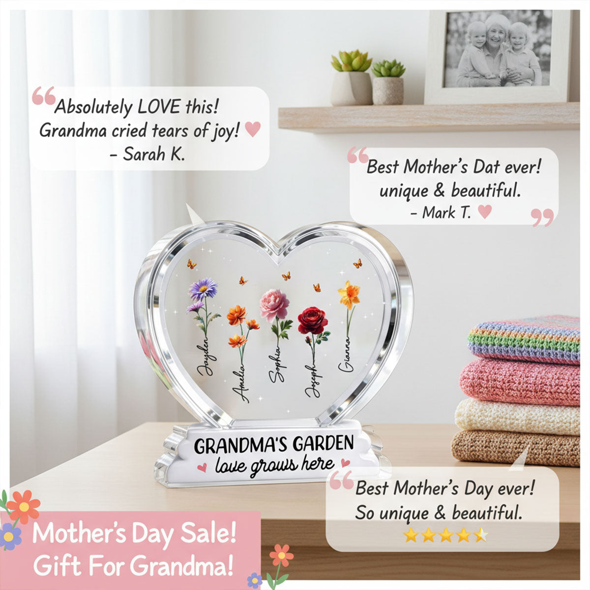 Grandma's Garden Birth Month Flowers In Heart 2D Flat - Personalized Acrylic Block Plaque - Gift For Grandma
