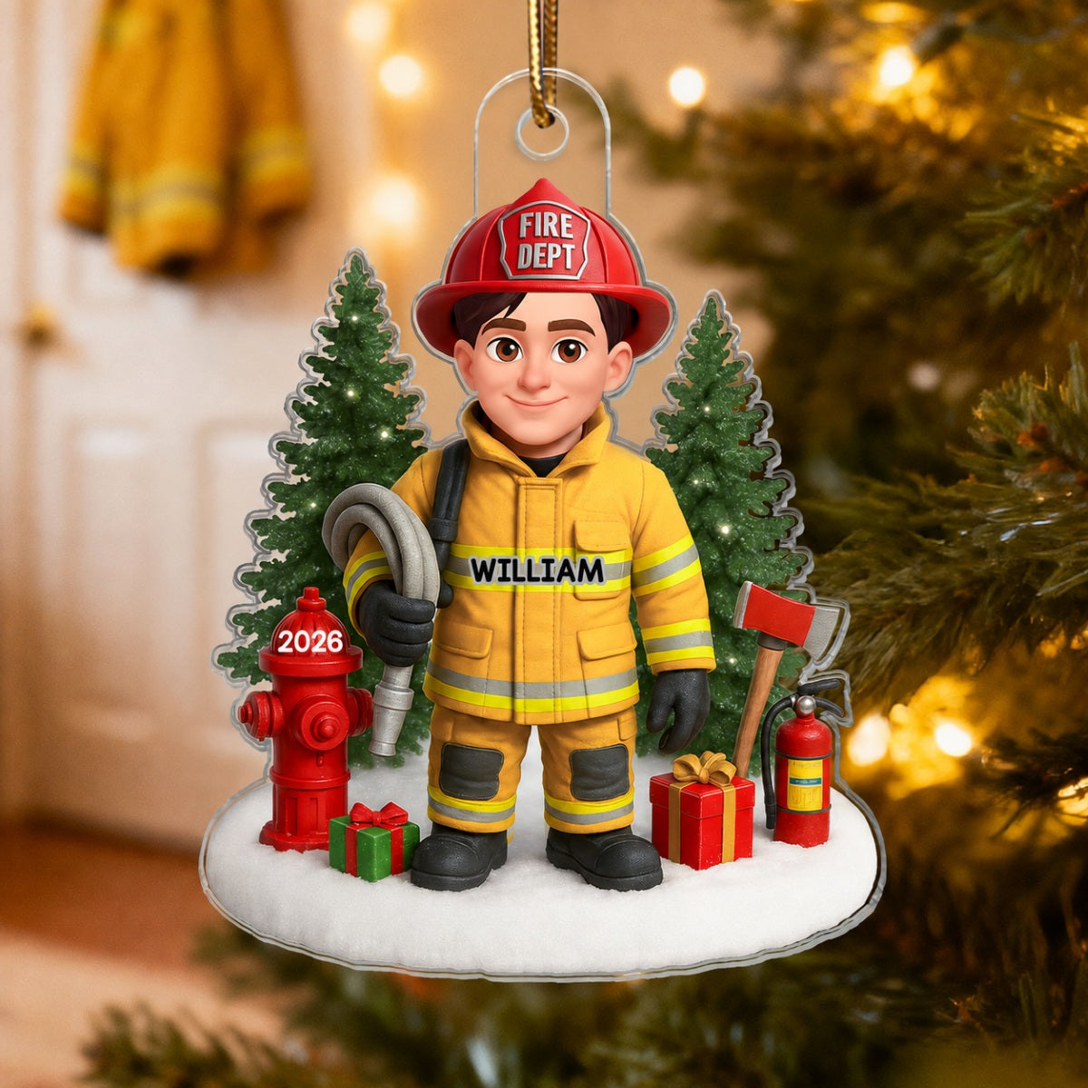 3D Effect Proud Firefighter With Signature Symbols Christmas - Personalized Acrylic Ornament
