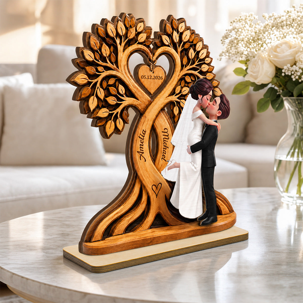 Wedding Couple Heart Tree - Personalized Wooden Plaque - Wedding Anniversary Gift, Rustic Wedding Gifts