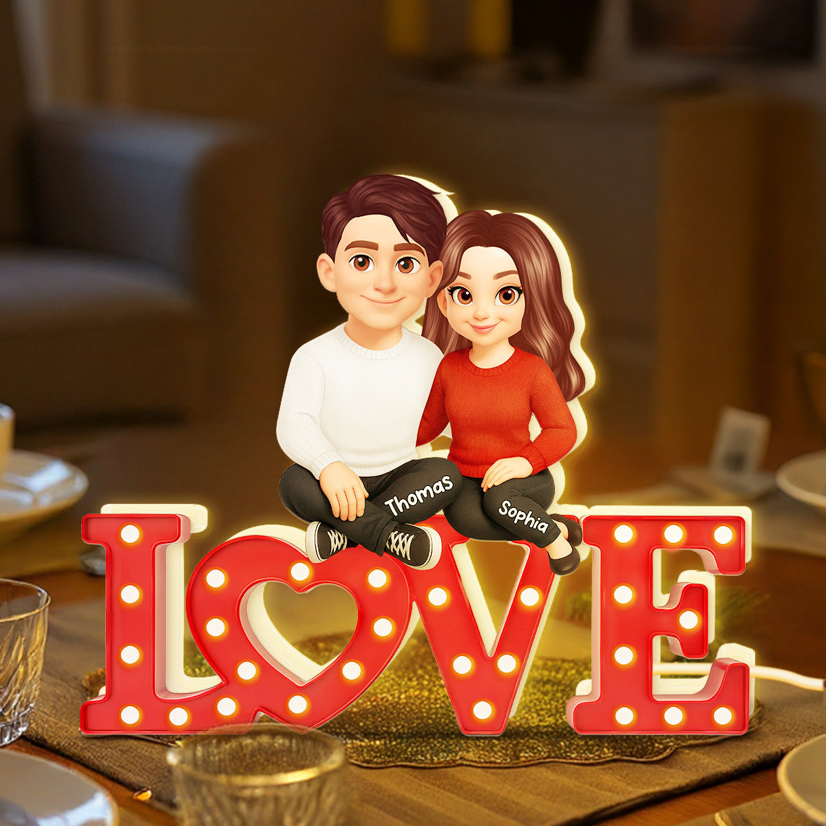 Forever LOVE Couple Sitting Embracing - Personalized Light Box - Valentine's Day Gift For Couple, For Him, For Her