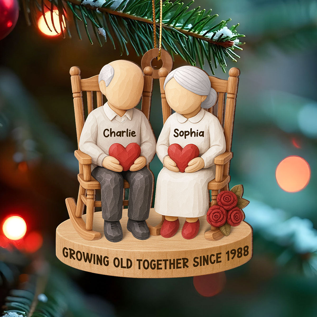 Old Couple Sitting on Chair - Personalized Wooden Ornament - Christmas Gift for him, Gift for her