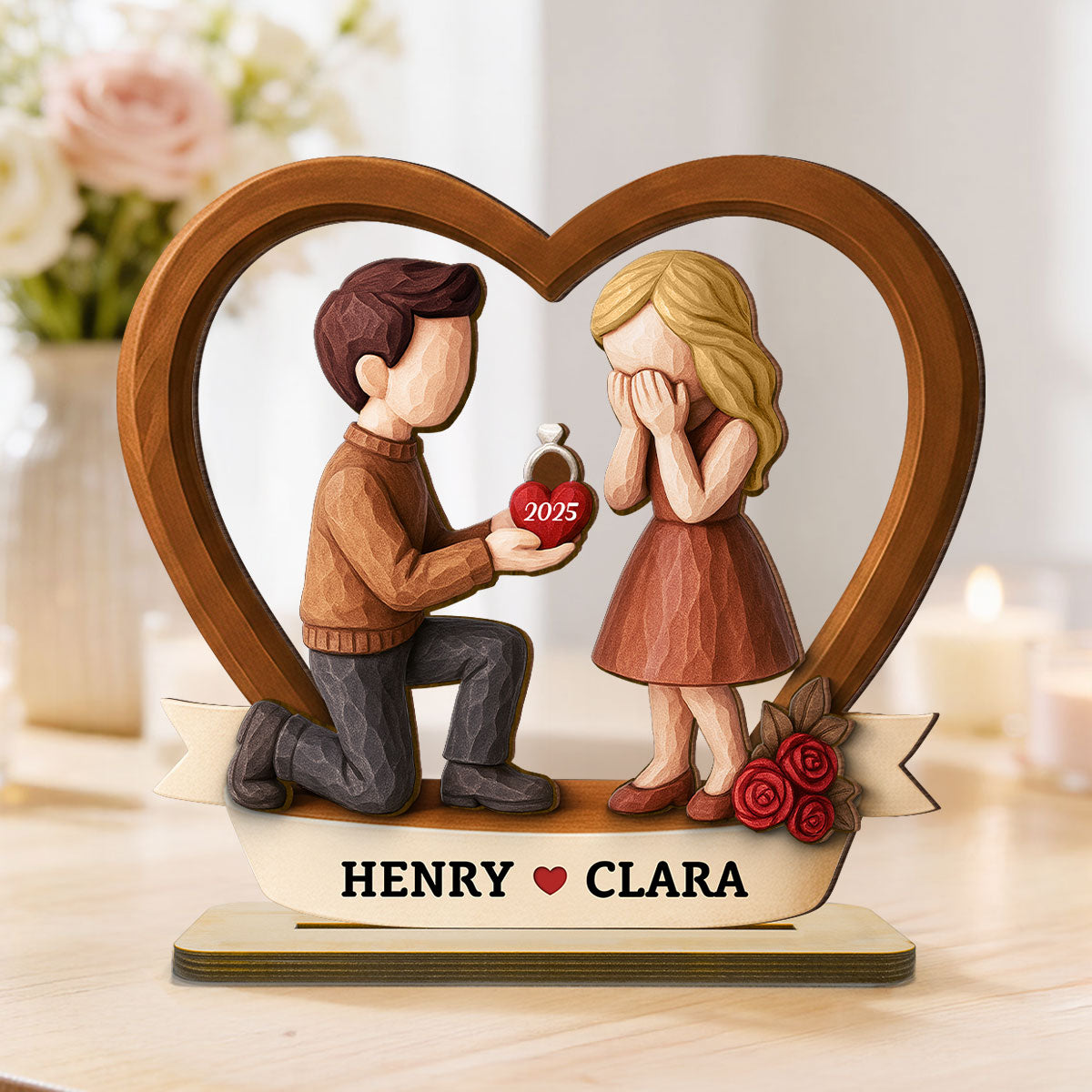 Couple Marriage Proposal 3D Wooden Effect - Personalized Wooden Plaque - Newly Engaged Gift, "She Said Yes!"