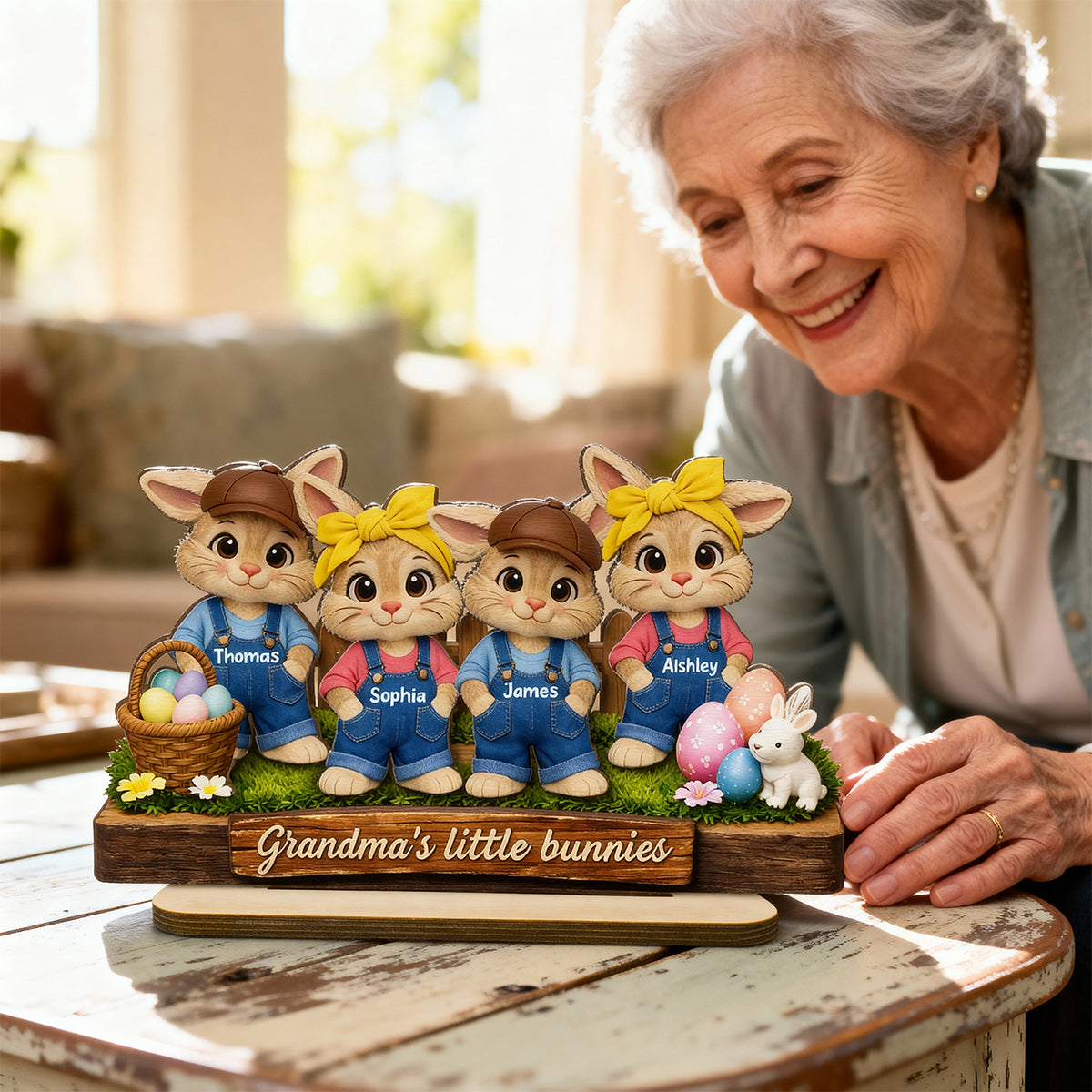 Grandma's Little Bunnies - Personalized 2-Layered Wooden Plaque - Easter Gift for Grandma, Farmhouse Tiered Tray Decor