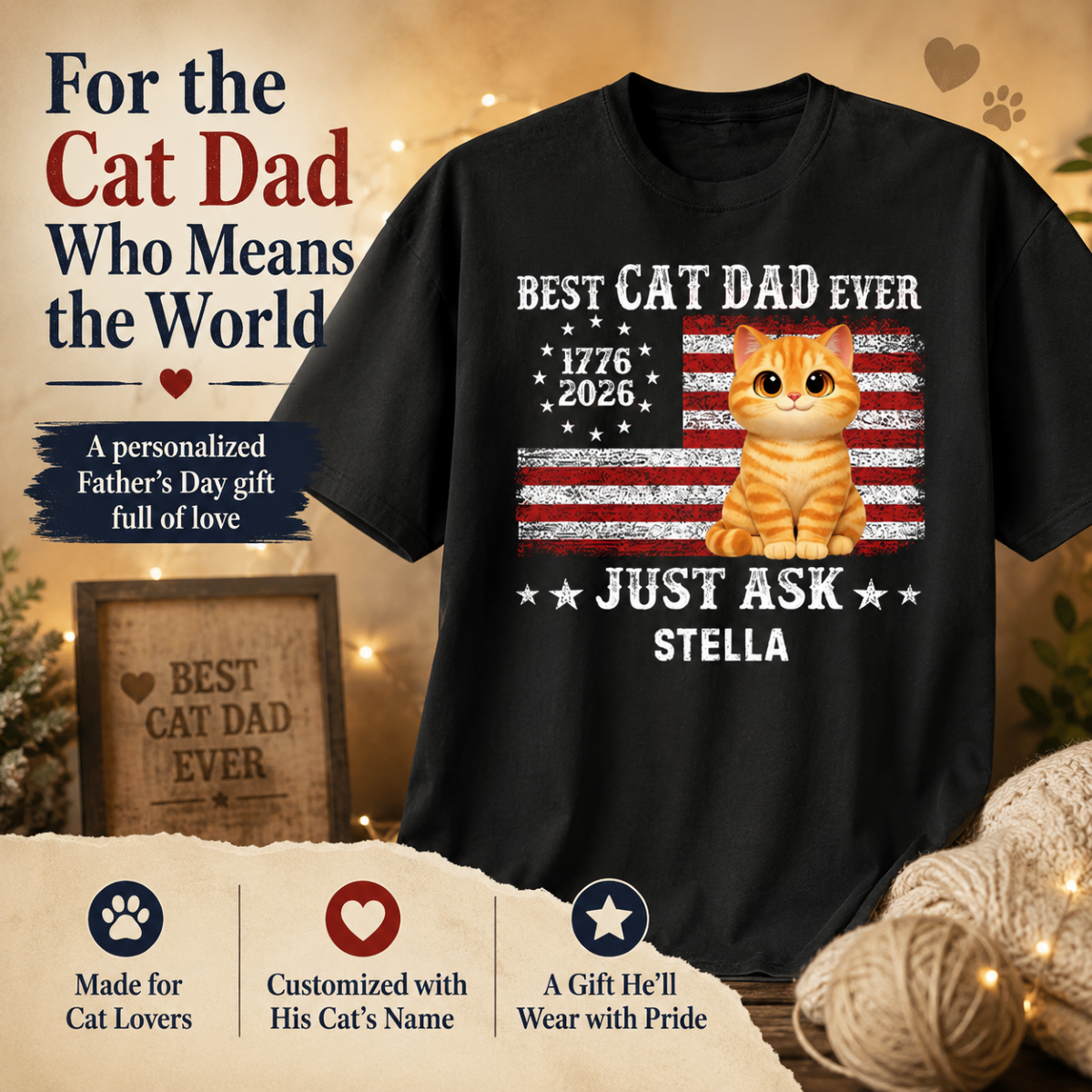 Proud Best Cat Dad Ever Nation Flag 250th Anniversary - Personalized Shirt - Father's Day Gift For Cat Dad, Cat Lovers