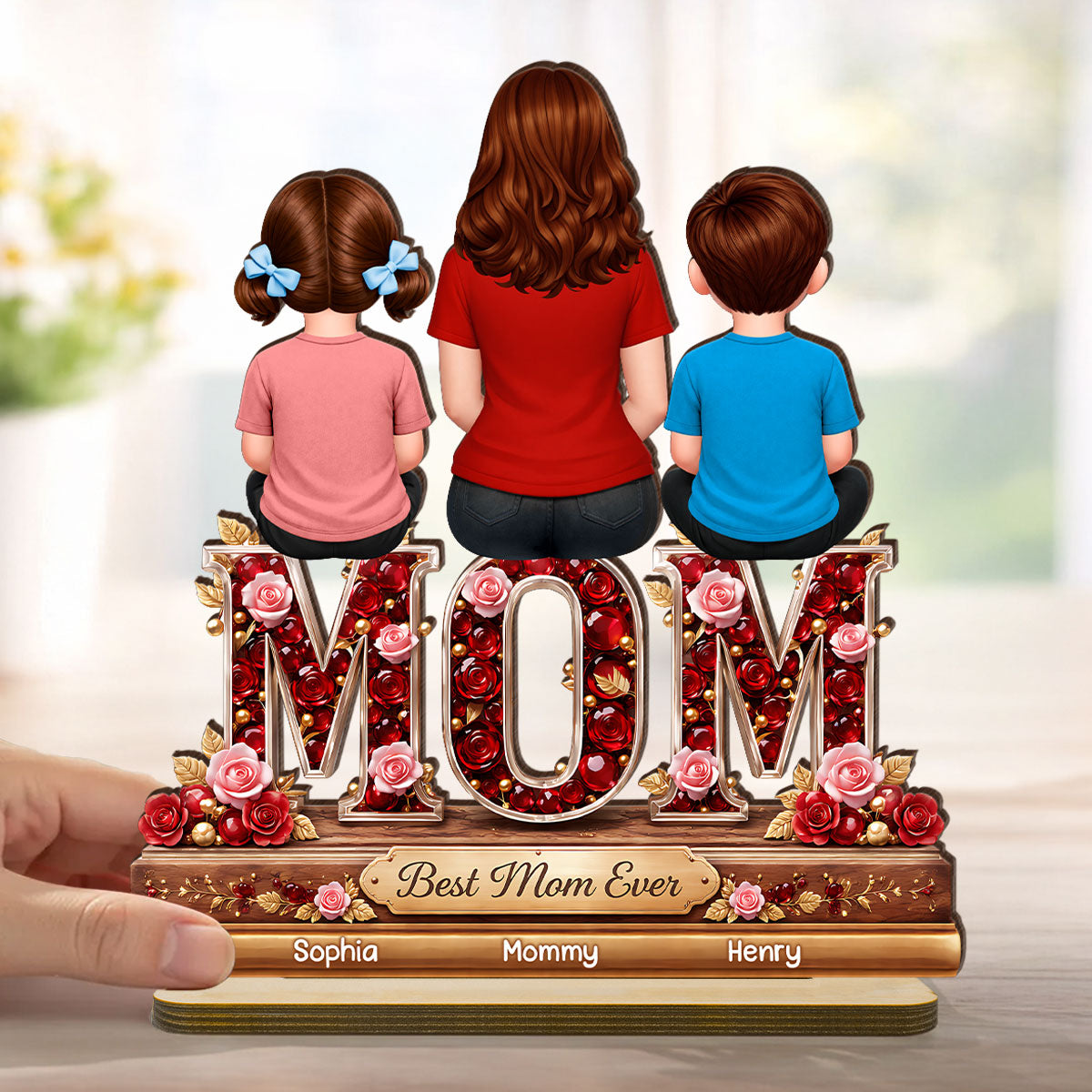 Best Mom Ever Mom Daughters Sons Back View - Personalized 2-Layered Wooden Plaque - Heartfelt Gift For Mom, Grandma