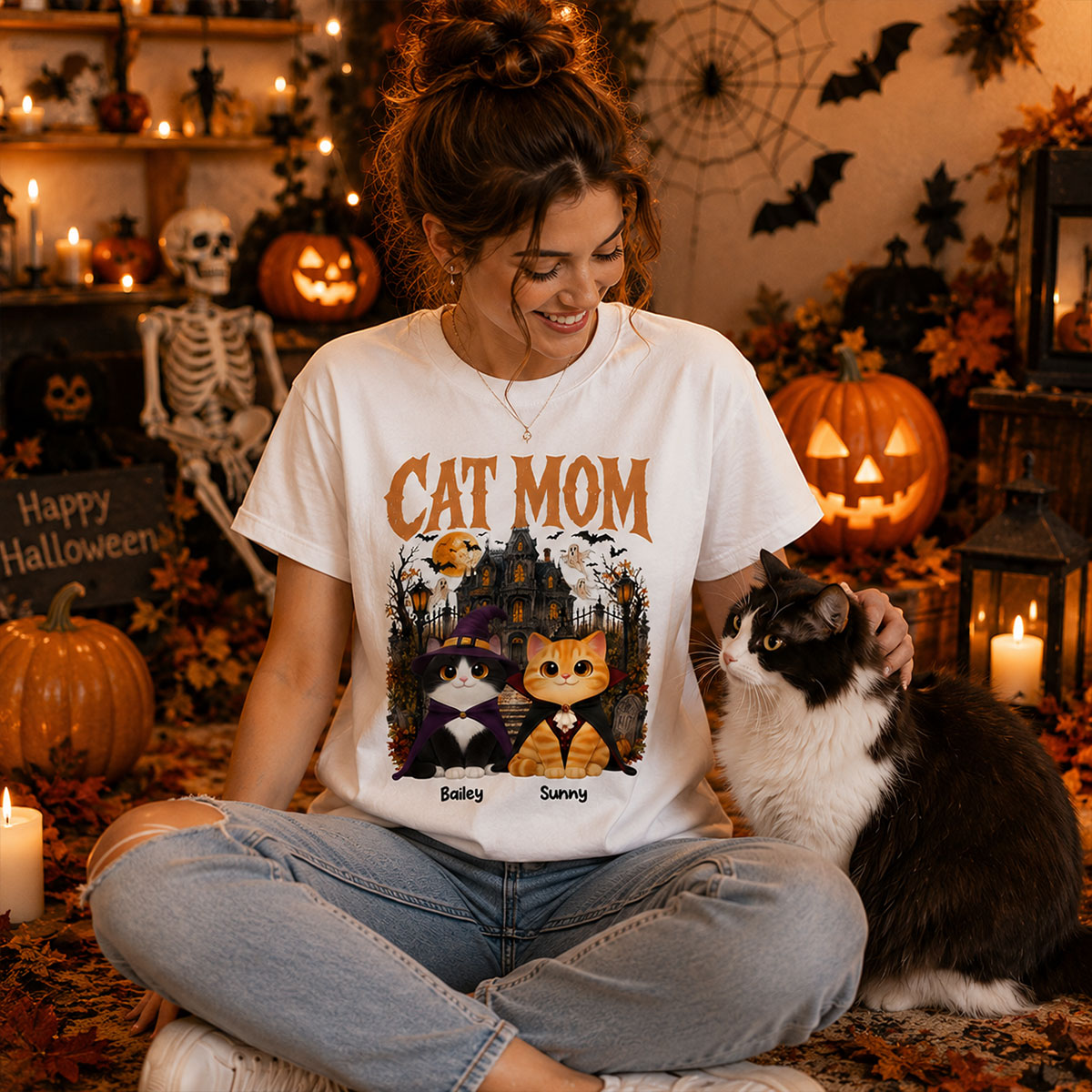 Retro Vintage Halloween Haunted House Cat Mom - Personalized Shirt - Halloween Gift For Cat Lovers