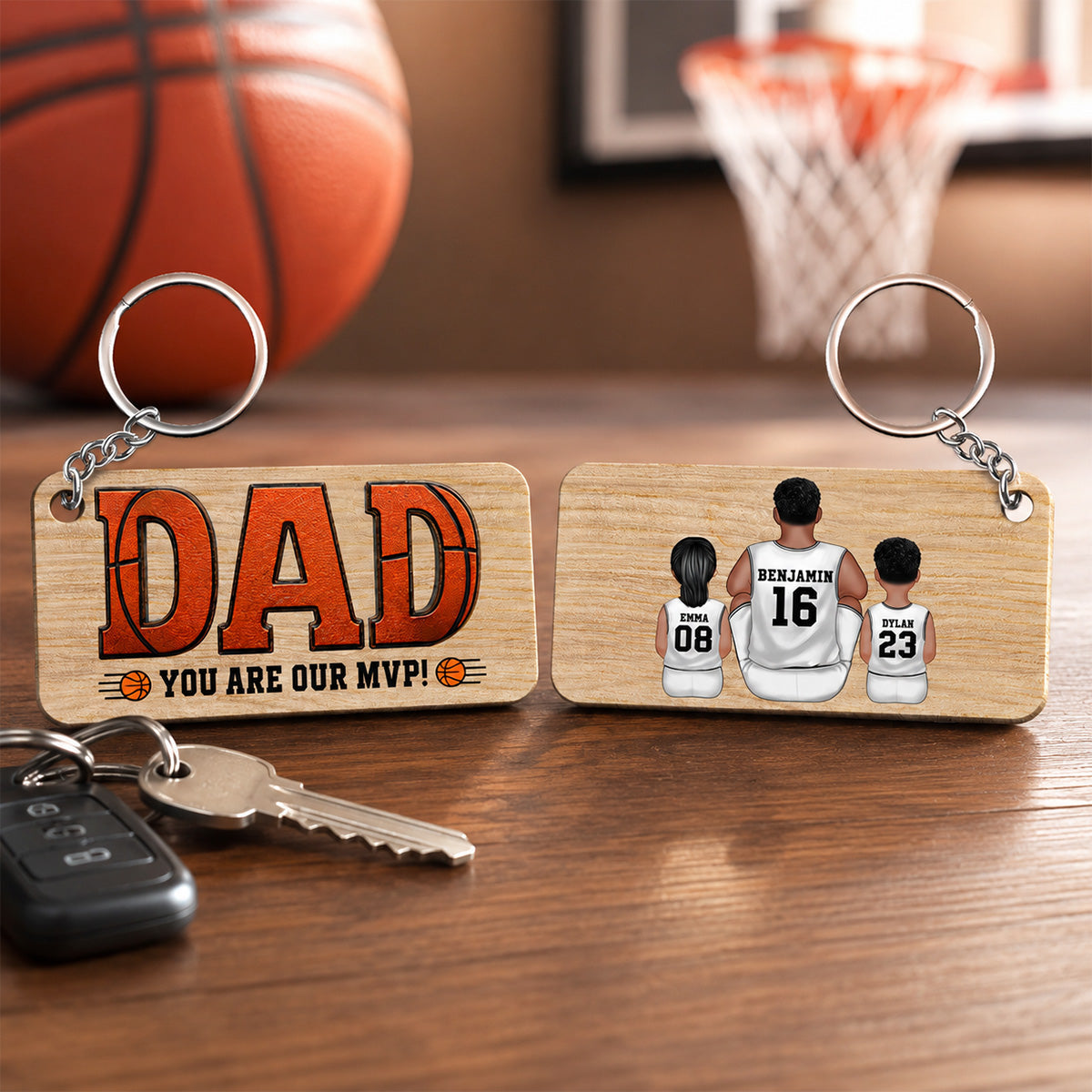 Dad You Are Our MVP Sitting Basketball Man & Kids - Personalized Wooden Keychain - Father's Day Gift For Basketball Dad
