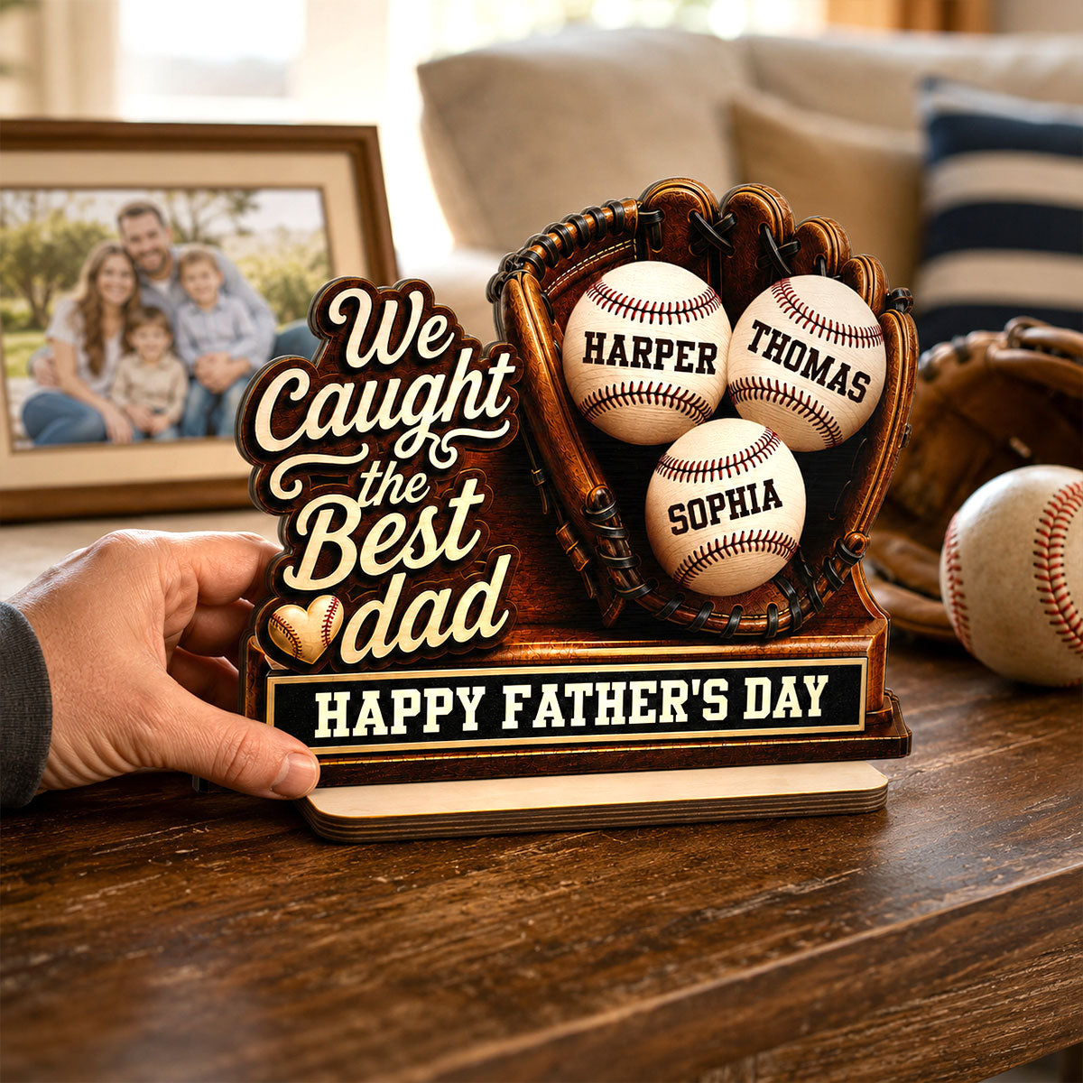We Caught The Best Dad Baseball In Glove - Personalized 2-Layered Wooden Plaque - Happy  For Baseball Dad