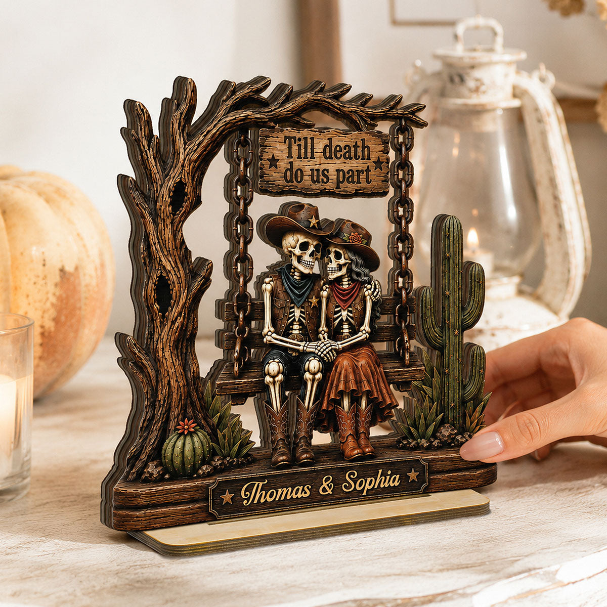 Till Death Do Us Part Cowboy Skeleton Couple 2D Flat - Personalized 2-Layered Wooden Plaque - Western Country Vibe Halloween Decor For Couple