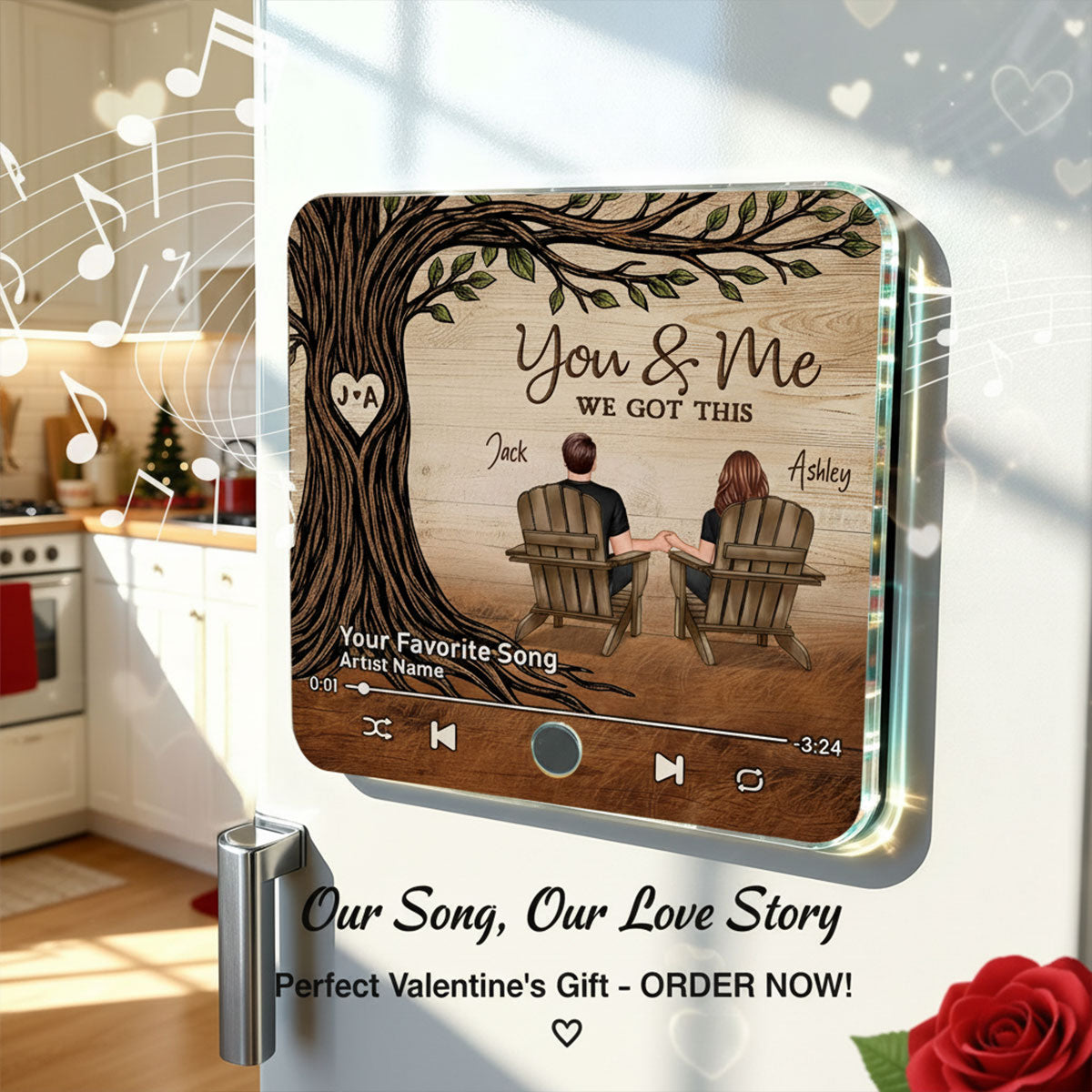 Couple Sitting Under Heart Carved Tree - Personalized Music Fridge Magnet - Valentine's Day Gift For Couple