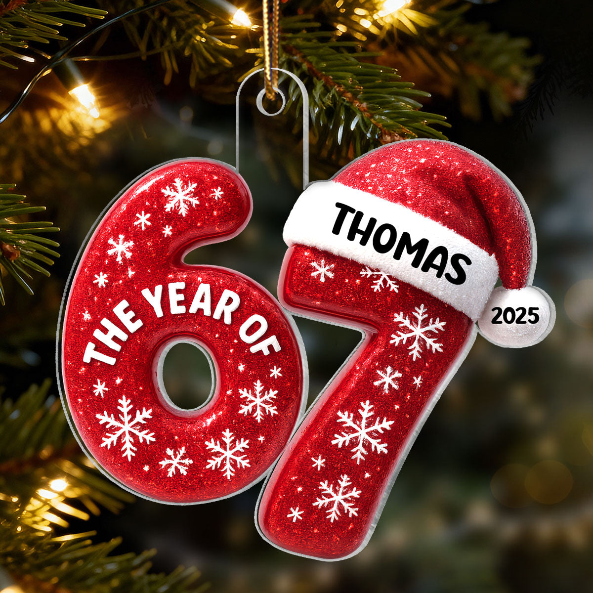 3D Glitter Effect 67 Six Seven 2025 Slang - Personalized Acrylic Ornament - Funny Christmas Gift For Teen, Grandkid, Gen Alpha