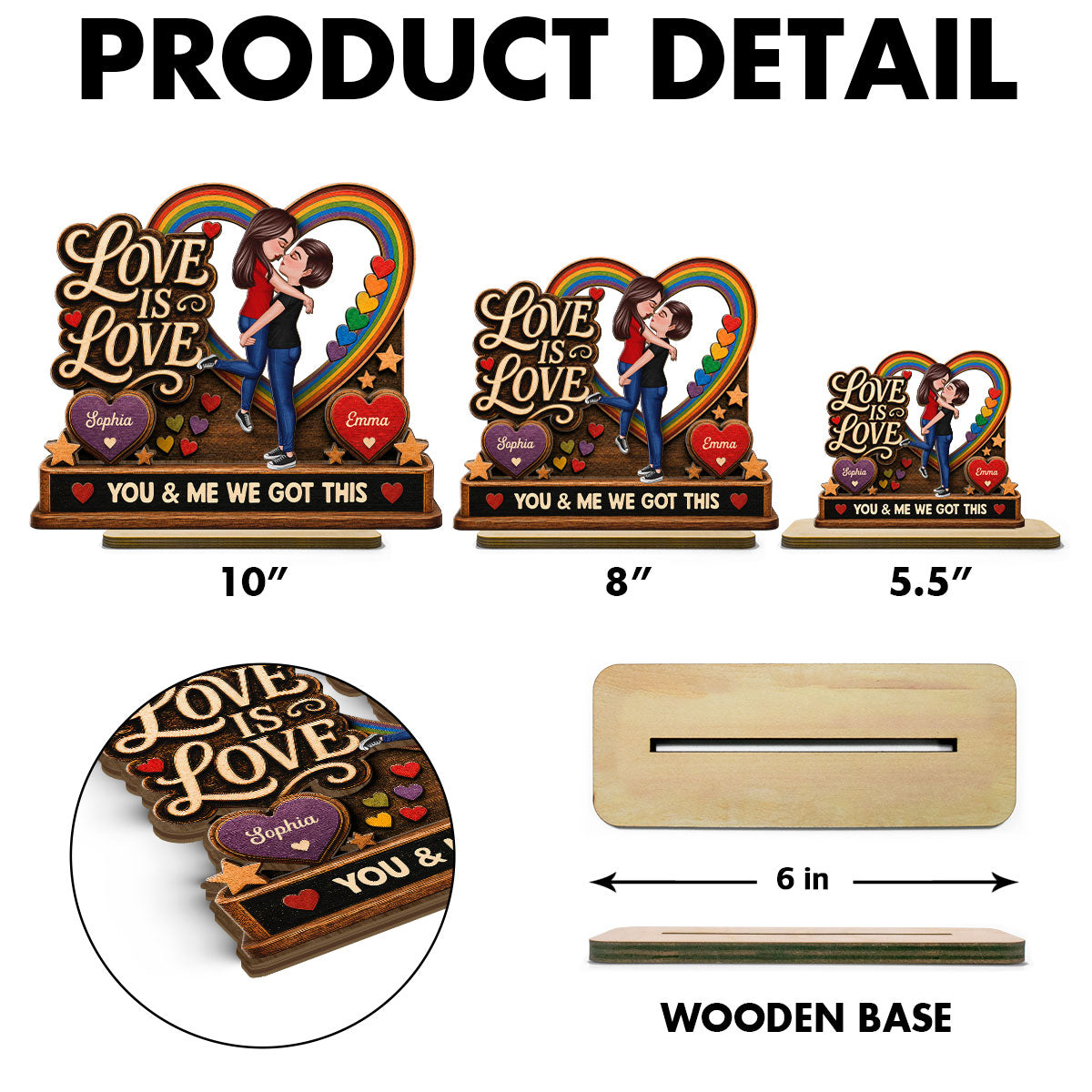 Love Is Love LGBTQ+ Couple Kissing - Personalized 2-Layered Wooden Plaque - Pride Month Gift For Couple