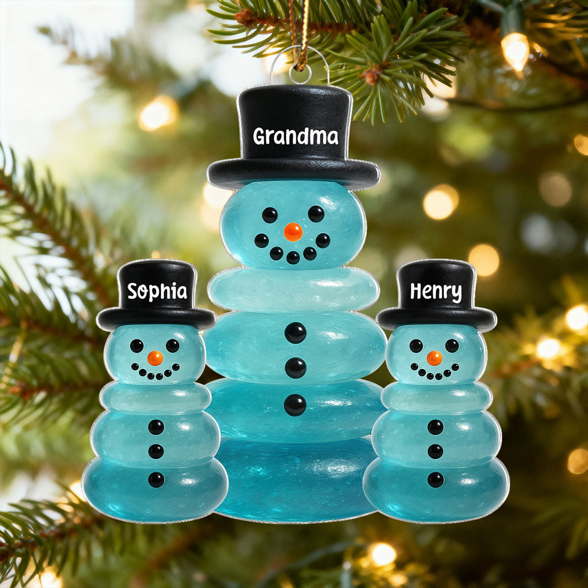 3D Effect Sea Glass Grandma Grandkids Snowman - Personalized Acrylic Ornament - Christmas Gift for Grandma