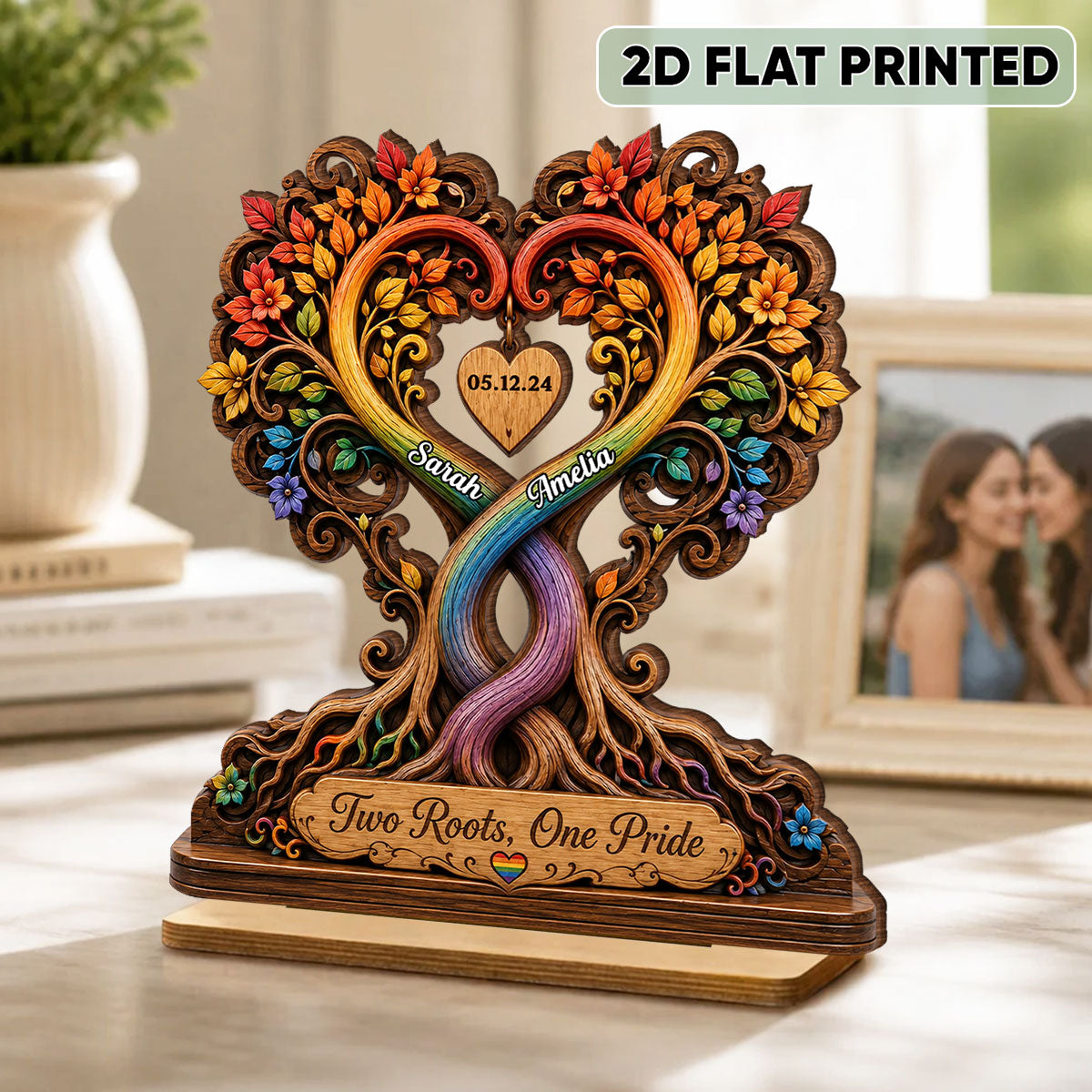 Two Roots One Pride LGBTQ+ Couple - Personalized 2-Layered Wooden Plaque - Heartfelt Anniversary Gift for Her, for Him
