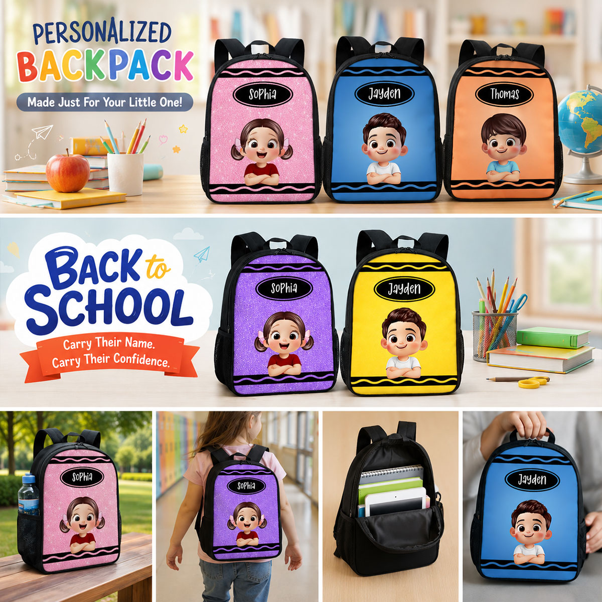 Crayon Color Boy And Girl - Personalized Backpack - Back To School Gift For Kids, Daughters, Sons, Grandkids