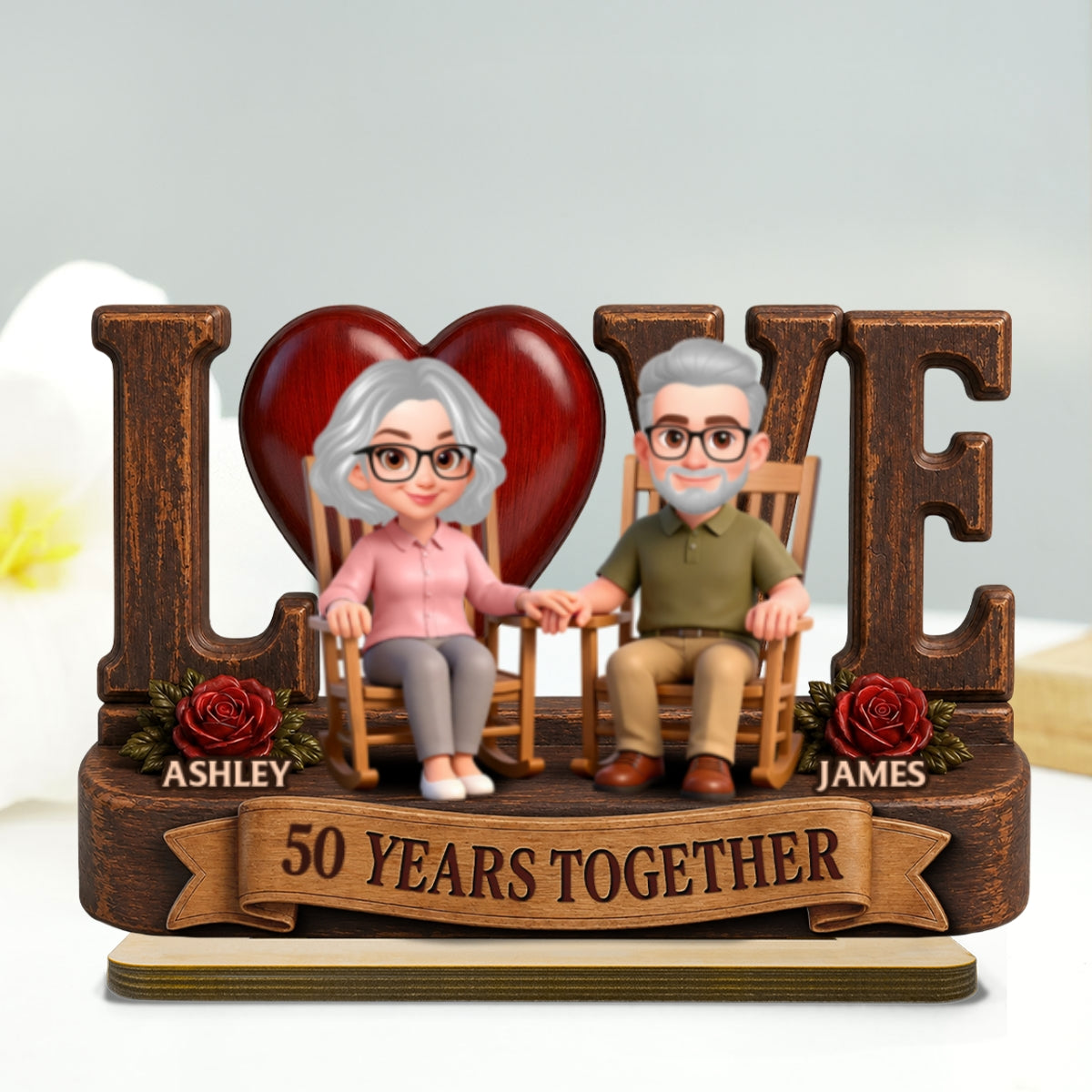 Love Old Couple Anniversary Gift - Personalized 2-Layered Wooden Plaque - Wedding Year Decor