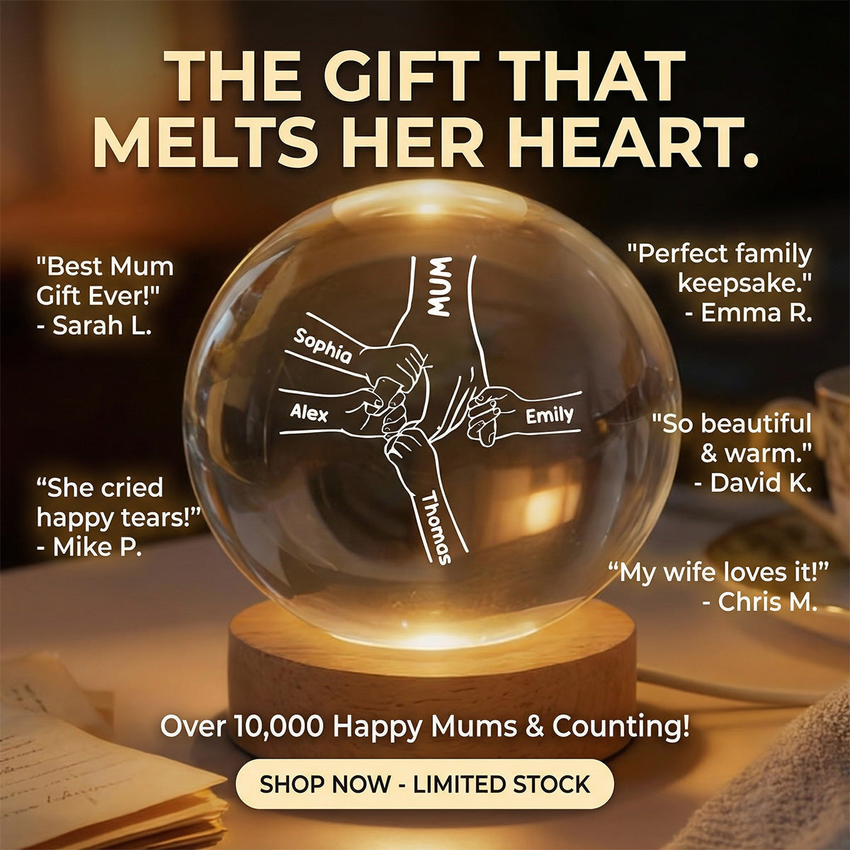 MUM And Kids Holding Hands - Personalised Crystal Ball - Mother's Day Gift For MUM, Grandma