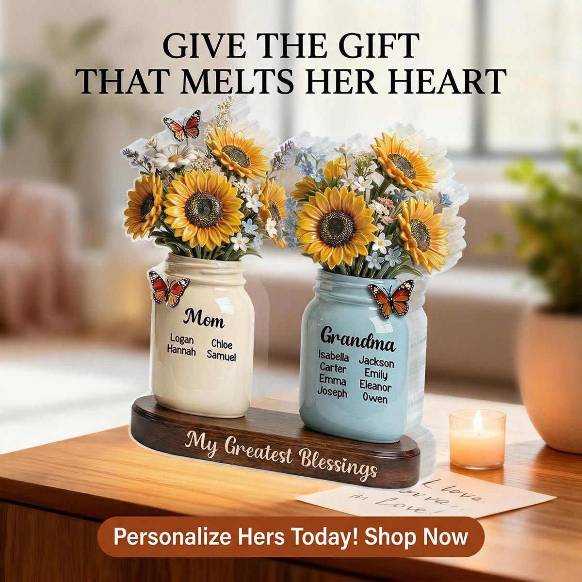 Mom Grandma Sunflowers Jars Custom Names 2D Flat - Personalized Acrylic Block Plaque - Mother's Day Gift For Grandma