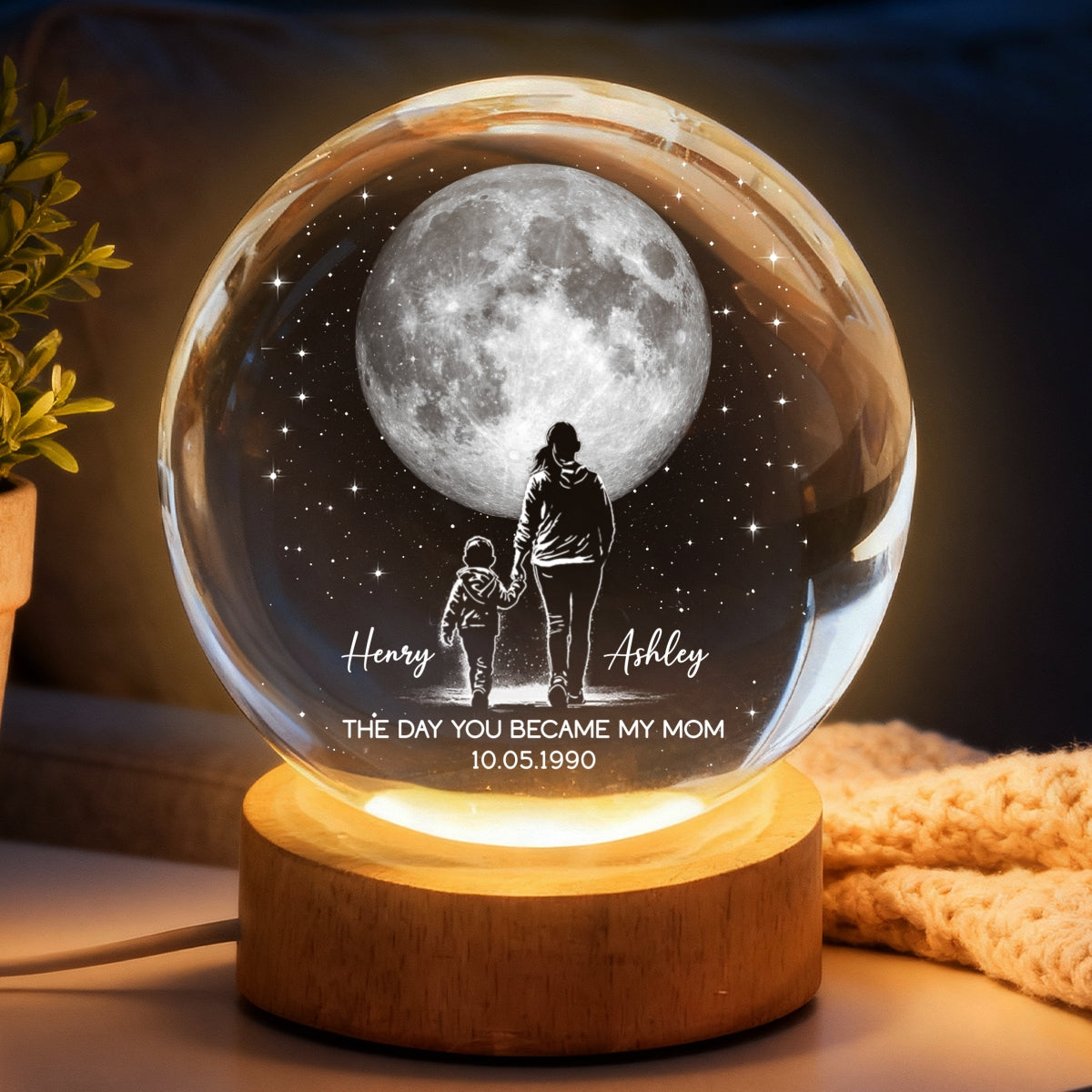 The Day You Became My Mom Custom Moon Phase by Date - Personalized Crystal Ball LED Night Light - Mother's Day Gift for Mom