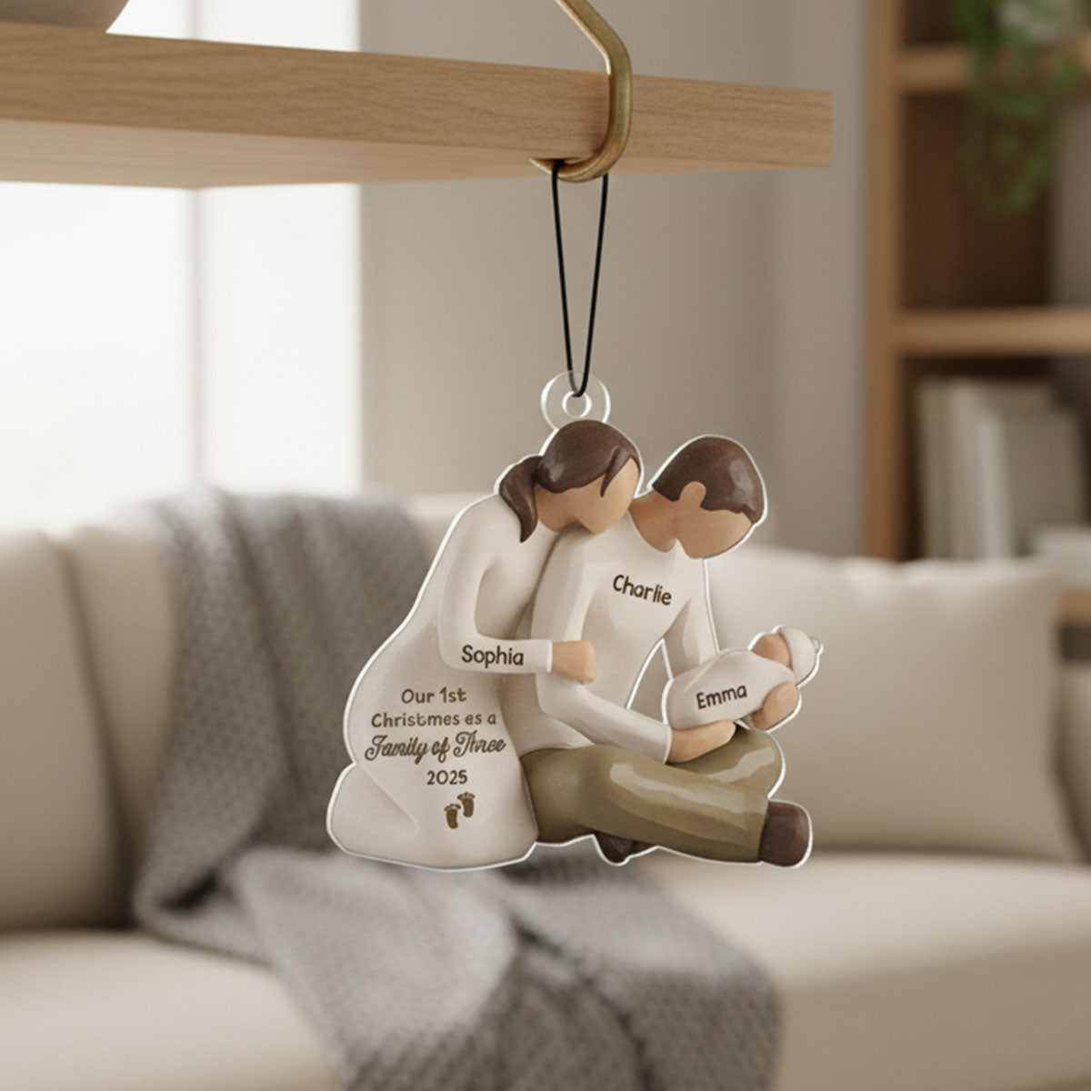 3D Effect First Christmas As Family Of Three Mom Dad Holding Baby - Personalized Acrylic Car Hanger
